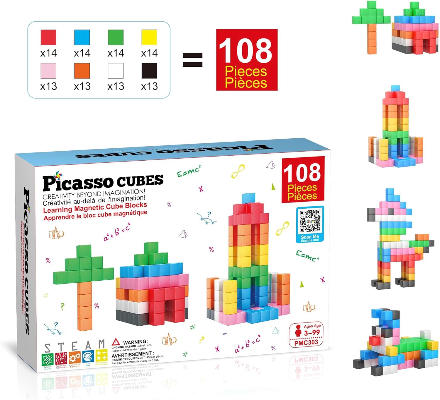 PicassoTiles Magnet Cube Building Blocks 108 Pieces 1.2" 3CM Magnetic Cubes Toy Construction Building Educational Sensory Toys with Idea Booklet for School & Preschool Kids Boys Girls Toddlers PMC303