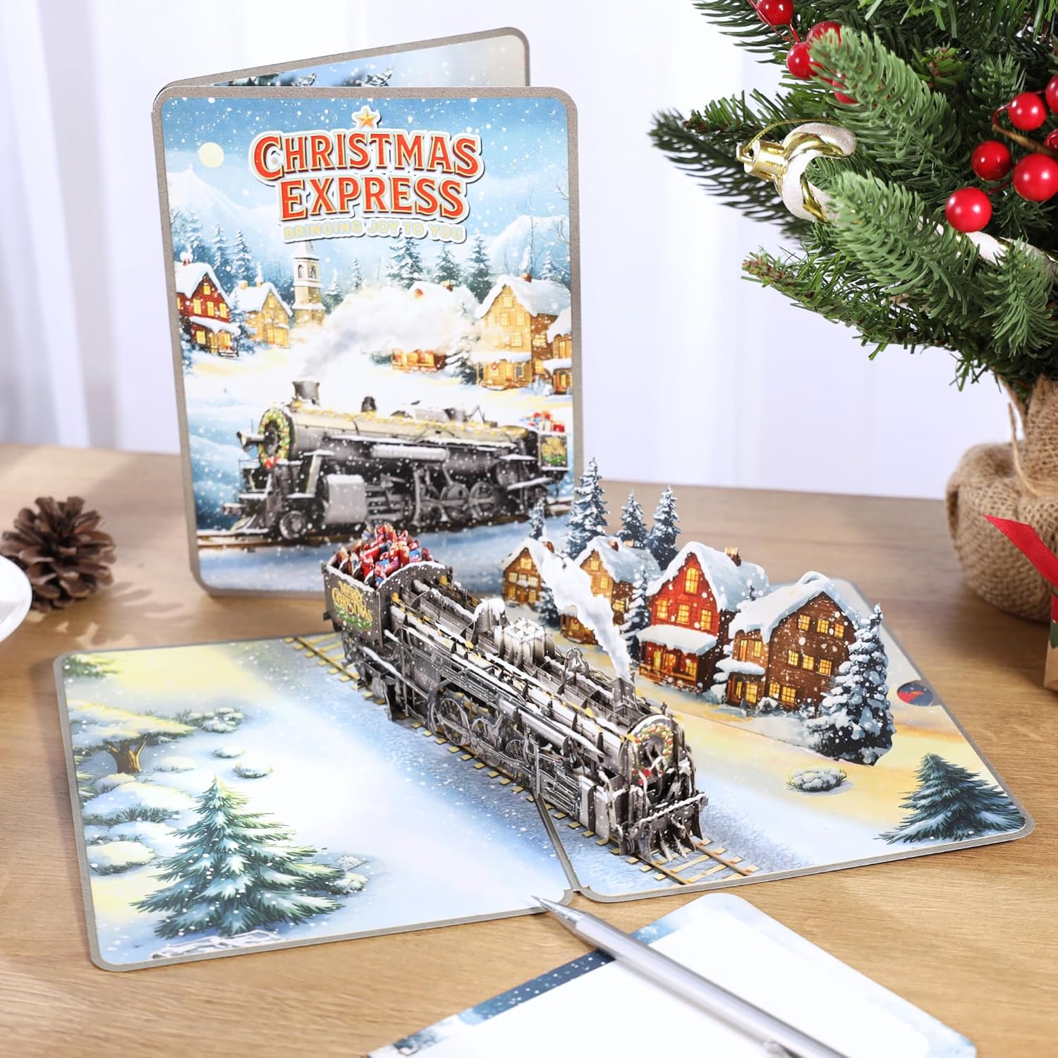 3D Christmas Train Pop Up Card, Festive Holiday Steam Train with Snow Village – Unique Christmas Card with Envelope and Note Tag, Xmas Festive Handcrafted for Family, Friends, Adults, Kids 6x8 - Image 7