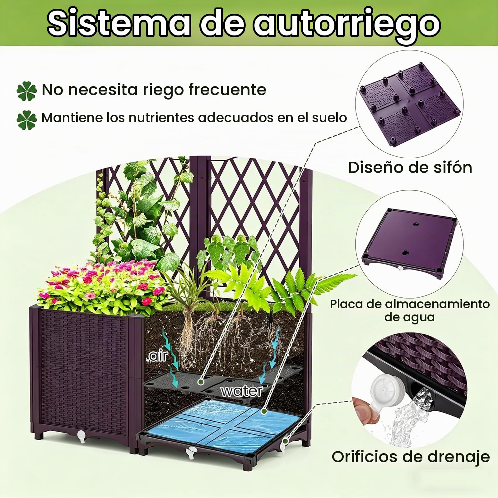 Jardinera 3 Piezas con Enrejado, 120x40x193cm, Macetero Alto de PP Resistente con Ruedas Bloqueables y Agujeros de Drenaje, para Plantas Trepadoras en Balcón, Terraza o Jardín, Marrón