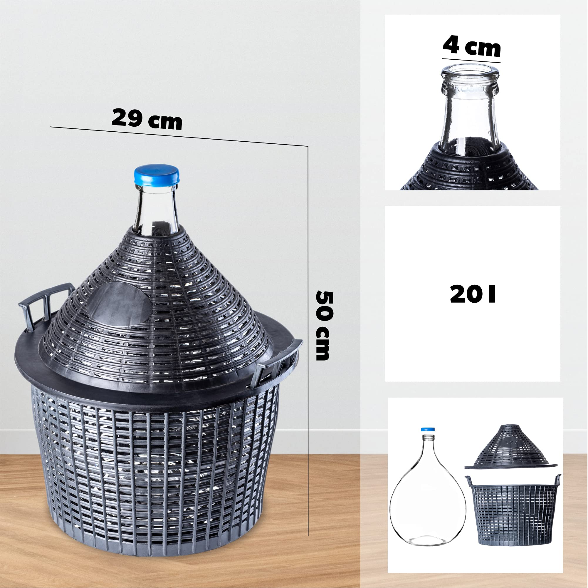 KADAX Glazen ballon, fermentatieballon met kunststof mand, brede opening, rubberen stop, wijnballon, glazen gistballon, fles, glazen fles, gallon, fermentatiecontainer, gistingsemmer (5 liter