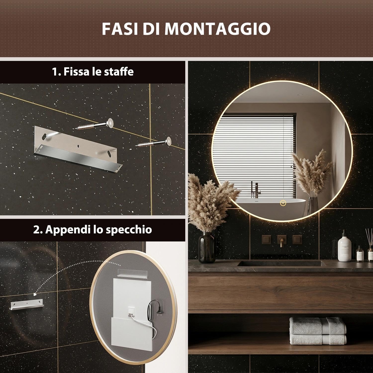 Specchio Rotondo da Parete 60cm LED COB Retroilluminato Bagno Specchio Rotondo Illuminato Controllo Touch Dimmerabile Anti-Appannamento Cornice Alluminio Dorato