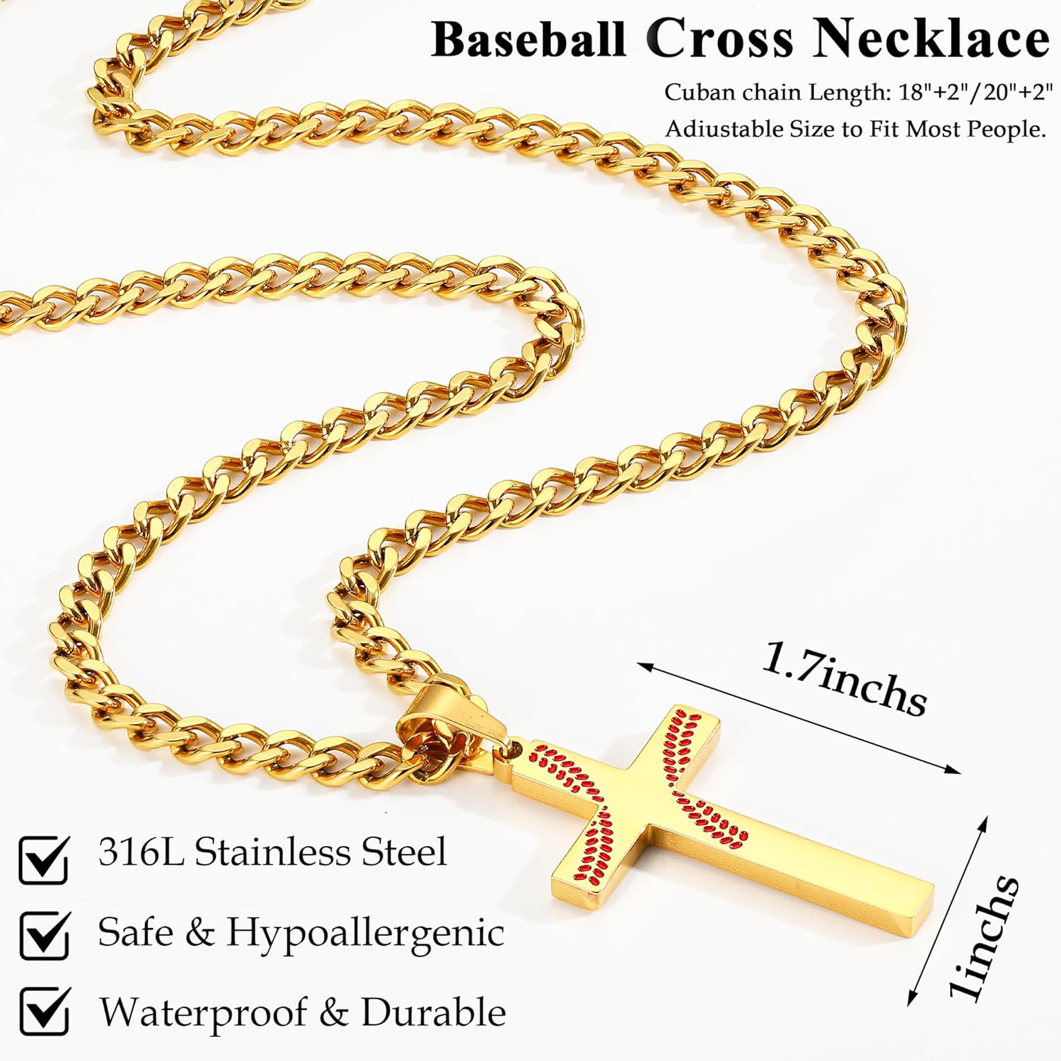 Avotto 316L Stainless Steel Baseball/Football/Soccer Cross Chain Necklace for Men Boys, Silver Gold Black Mens Boys Necklaces 5mm Non-Fading Sturdy Cuban Chain with Cross Pendant 18+2Inch/20+2Inch - Image 3
