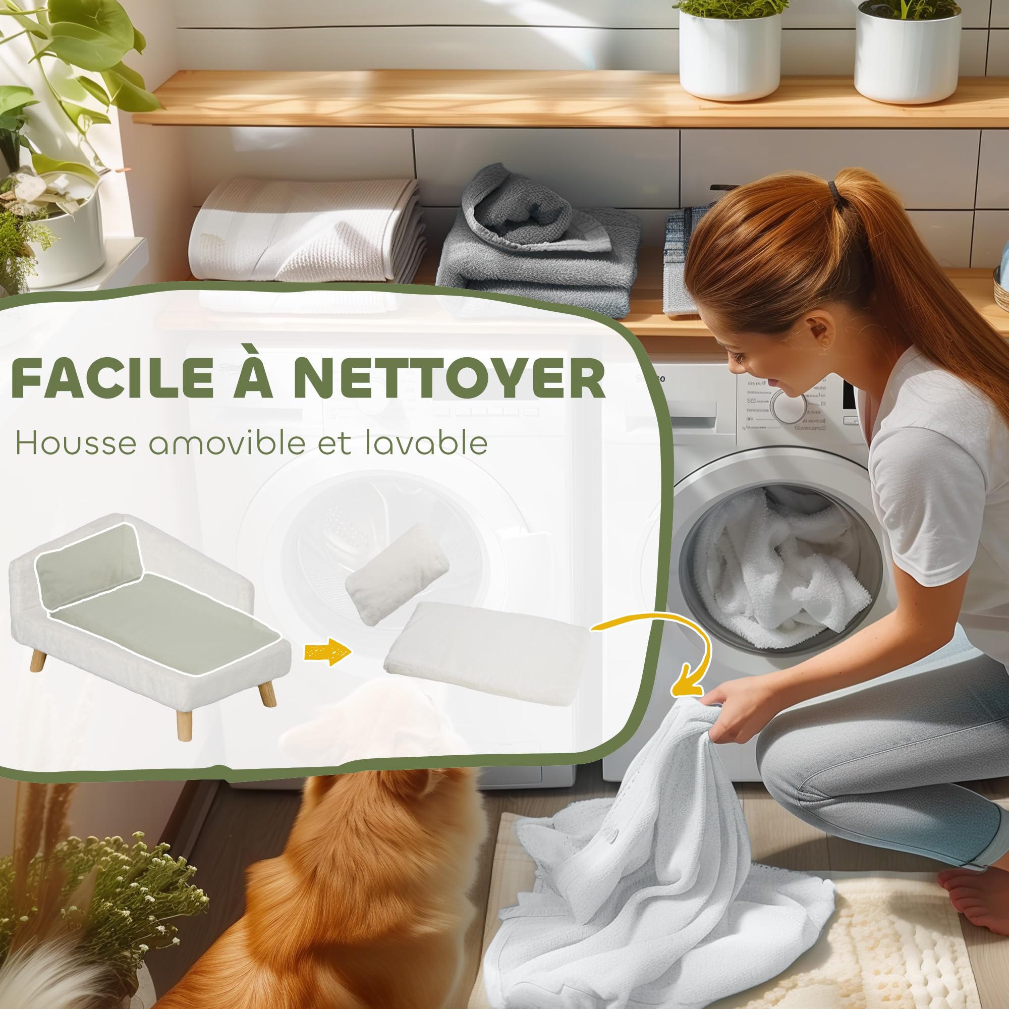 PawHut Canapé pour Chien, lit pour Chien Chat, avec Coussin Moelleux, Oreiller, Housses Amovibles et lavables, en Peluche, 70l x 42,5P x 38,5H cm, crème