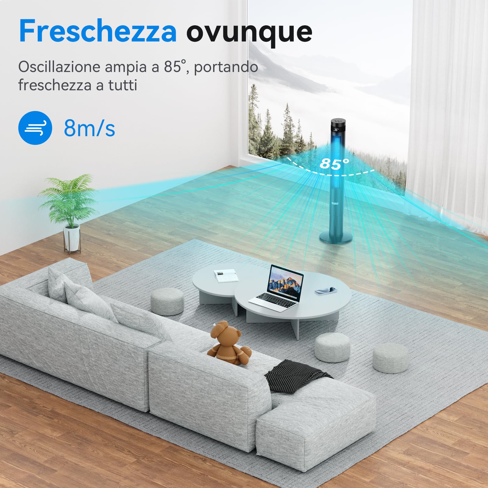 YASHE 43'' Ventilatore a Torre, 85° Oscillazione Ventilatore Senza Pale, 28dB Ventilatore a Torre Silenzioso, 3 Velocità 3 Modalità di Ventilazione, Ventilatore a Colonna con Telecomando