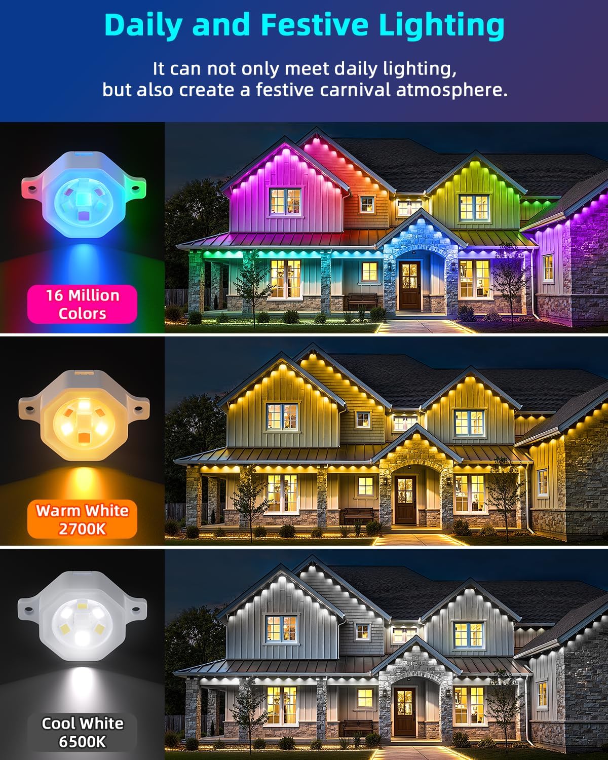 REYLAX Permanent Outdoor Lights Pro 200ft, 144 Triple-LED 135lm, RGB+IC Smart Eaves Christmas Lights for House, IP67 Waterproof, DIY Multi Scenes for Outdoor Decor, Works with Alexa Google APP Remote