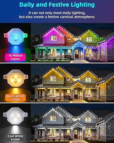 Miniatura 3 de REYLAX Luces permanentes para exteriores de 150 pies, 108 LED, RGB y luz blanca de 135 lm, IP67 impermeable, luces inteligentes para decoración al