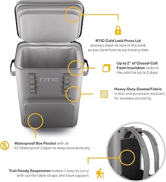 RTIC Ultra-Tough Backpack Cooler, Insulated, Waterproof, Leak Proof, Portable Floating Bag for Beverage, Drink, Lunch, Outdoor, Beach, Car, Camping, Picnic, Fishing, Boat