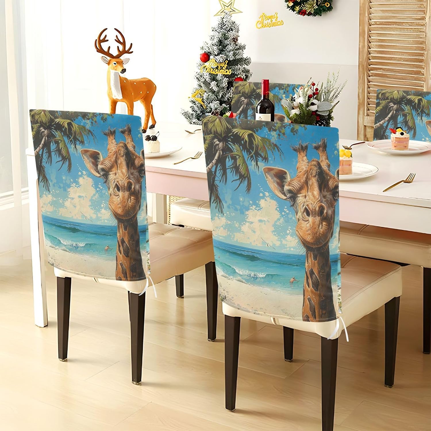 ALAZA Giraffe on The Summer Beach Chair Back Cover Set of 6, Washable Reusable Removable Chair Slipcovers Decorative Chair Cover for Home Kitchen Wedding Party