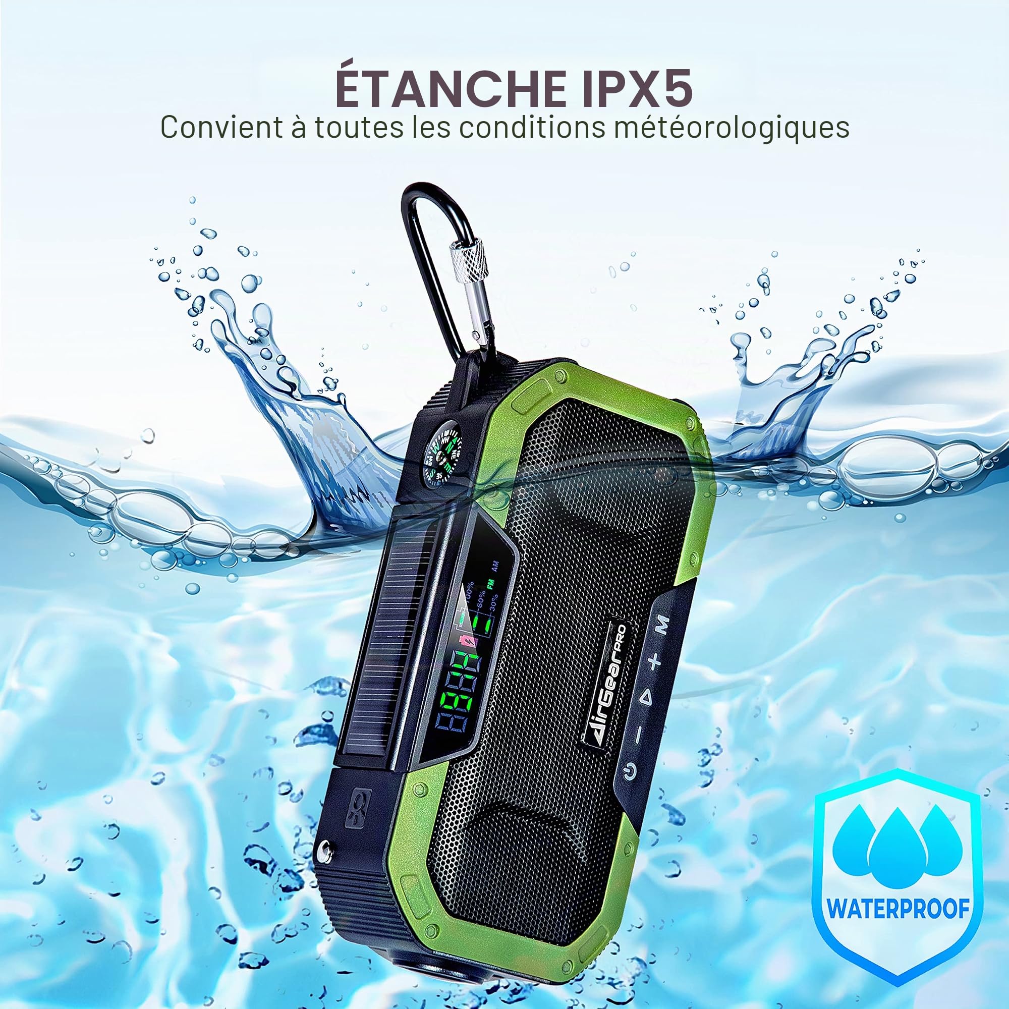 AirGearPro Radio Dynamo Portable de Survie avec Batterie 5000mAh - Chargeur USB pour Smartphone - Lampe Torche, FM/AM - Radio Solaire à Manivelle…