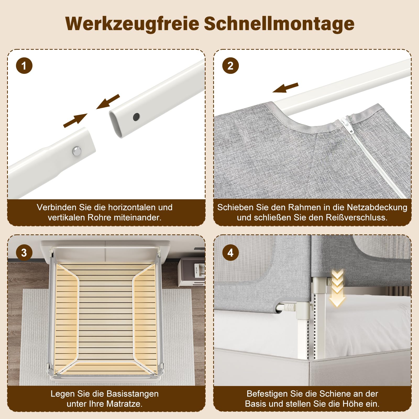 Bettgitter Rausfallschutz 3-seitig 180x200cm mit Spaltfüllstäbe | U-förmige Stabilstangen, Höhenverstellbar 66–96cm, Einklemmschutz, Werkzeuglose Montage, Mit Bettkopfstab für Boxspringbetten