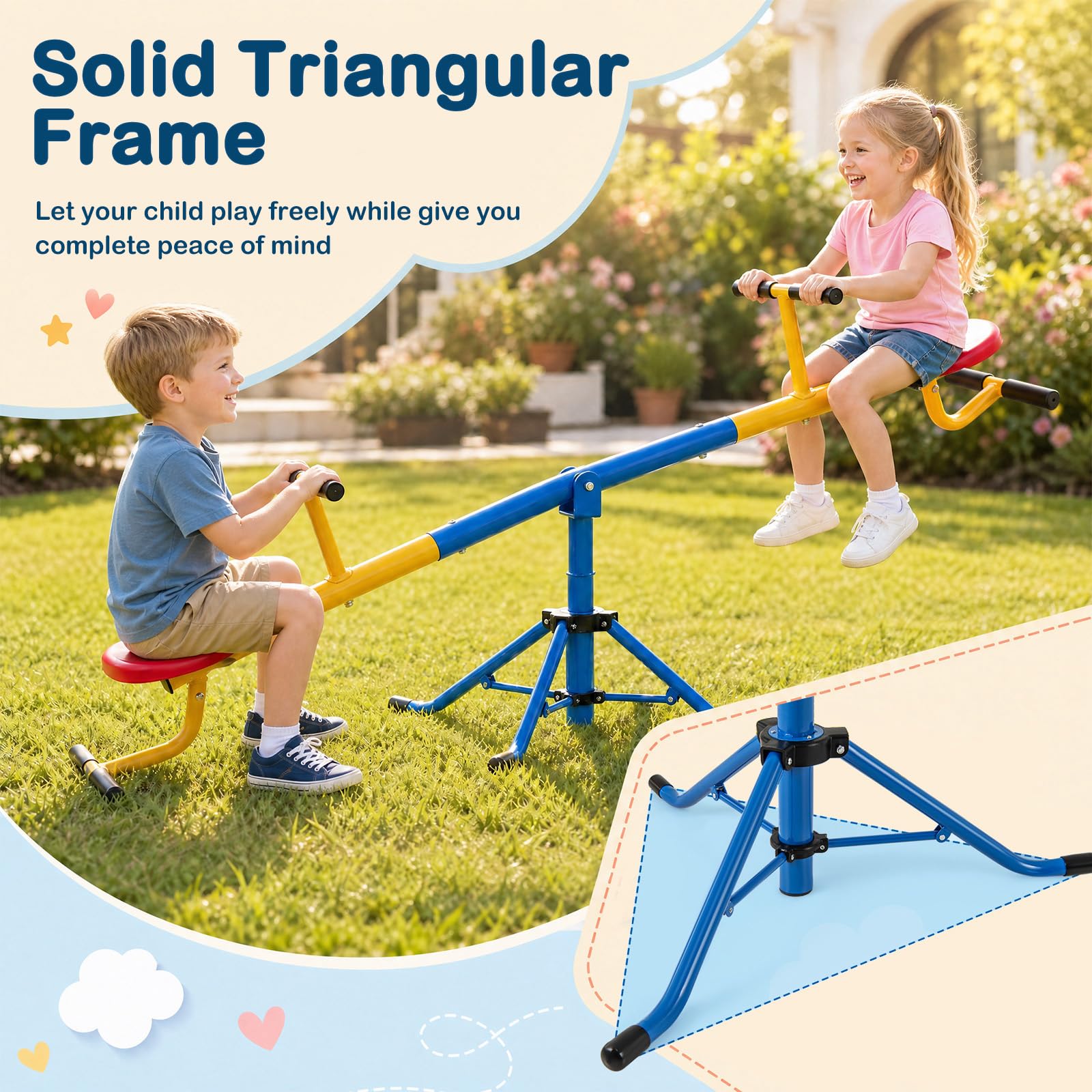HOMASIS Balançoire à bascule pour enfants 2 places, Bascule d'extérieur avec rotation à 360° et verrou pour les jambes, jusqu'à 60 kg de charge, balançoire à bascule pour jeunes enfants de 3 à 8 ans