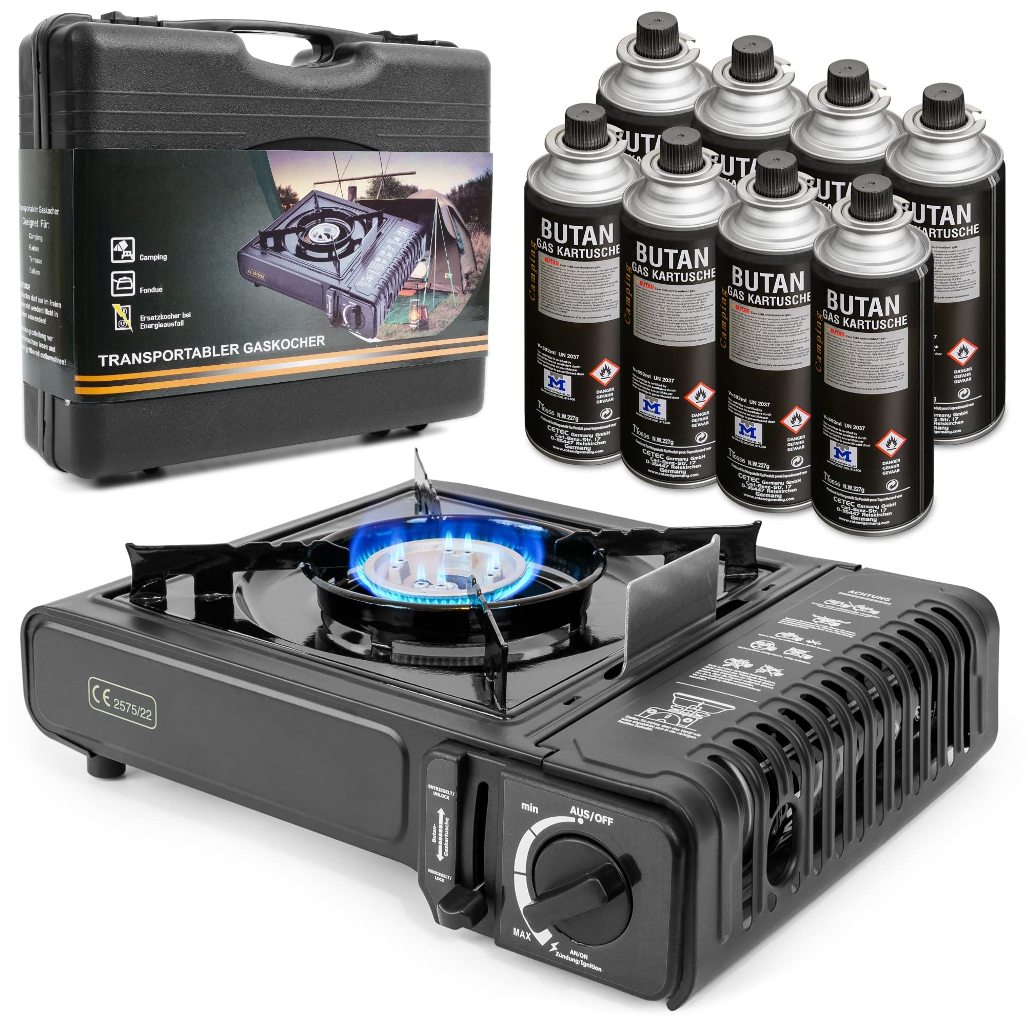 Greenpoint Campingkocher mit 8 Gaskartuschen im Tragekoffer - Gas Stove