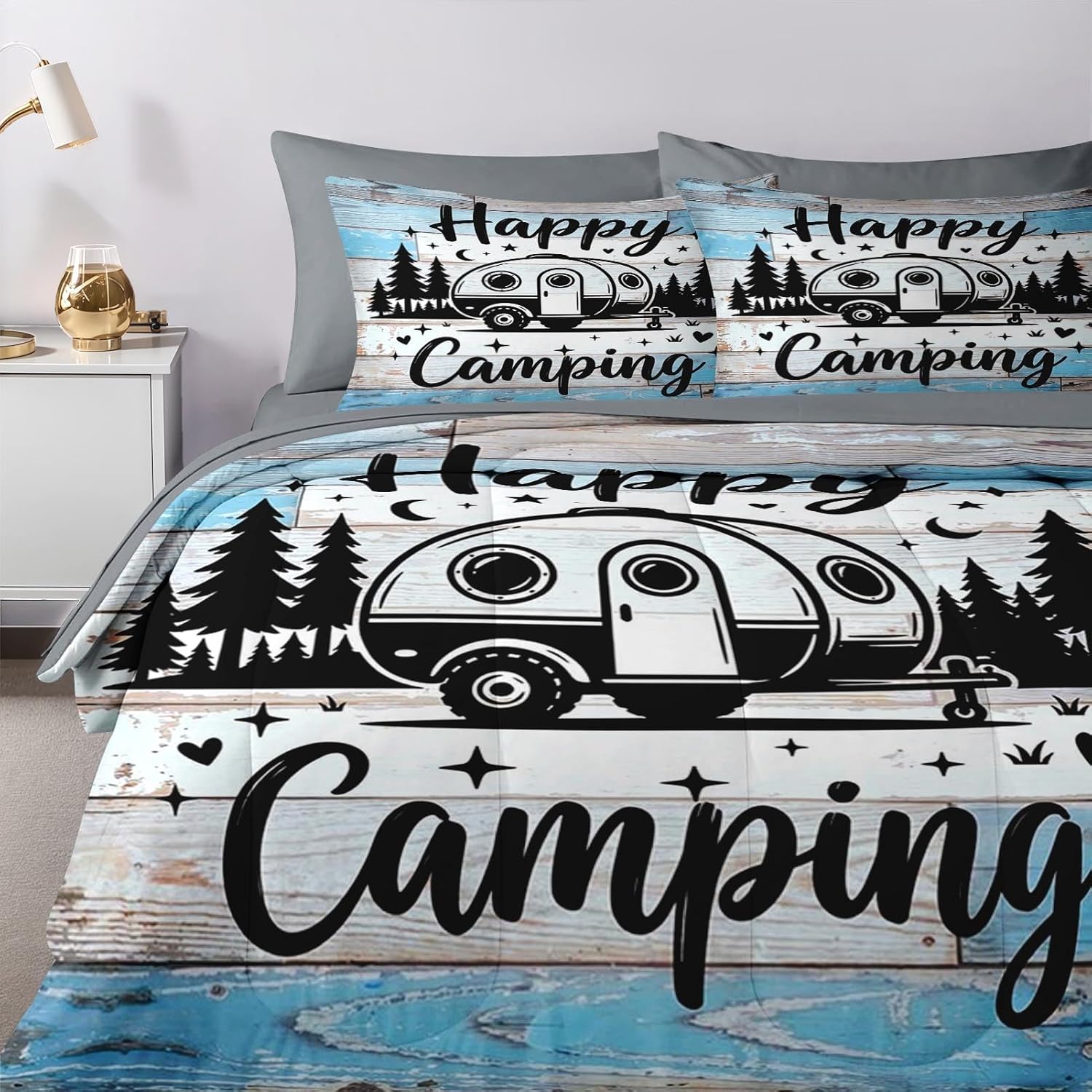 Nesker 7 Pcs Comforter Set Full Size, Camping Blue Camp Adventure Bedding Set for Kids and Adults, Forest Outdoor Retro Bed Sheet Set with Fitted Sheet 2 Pillowcases & 2 Shams