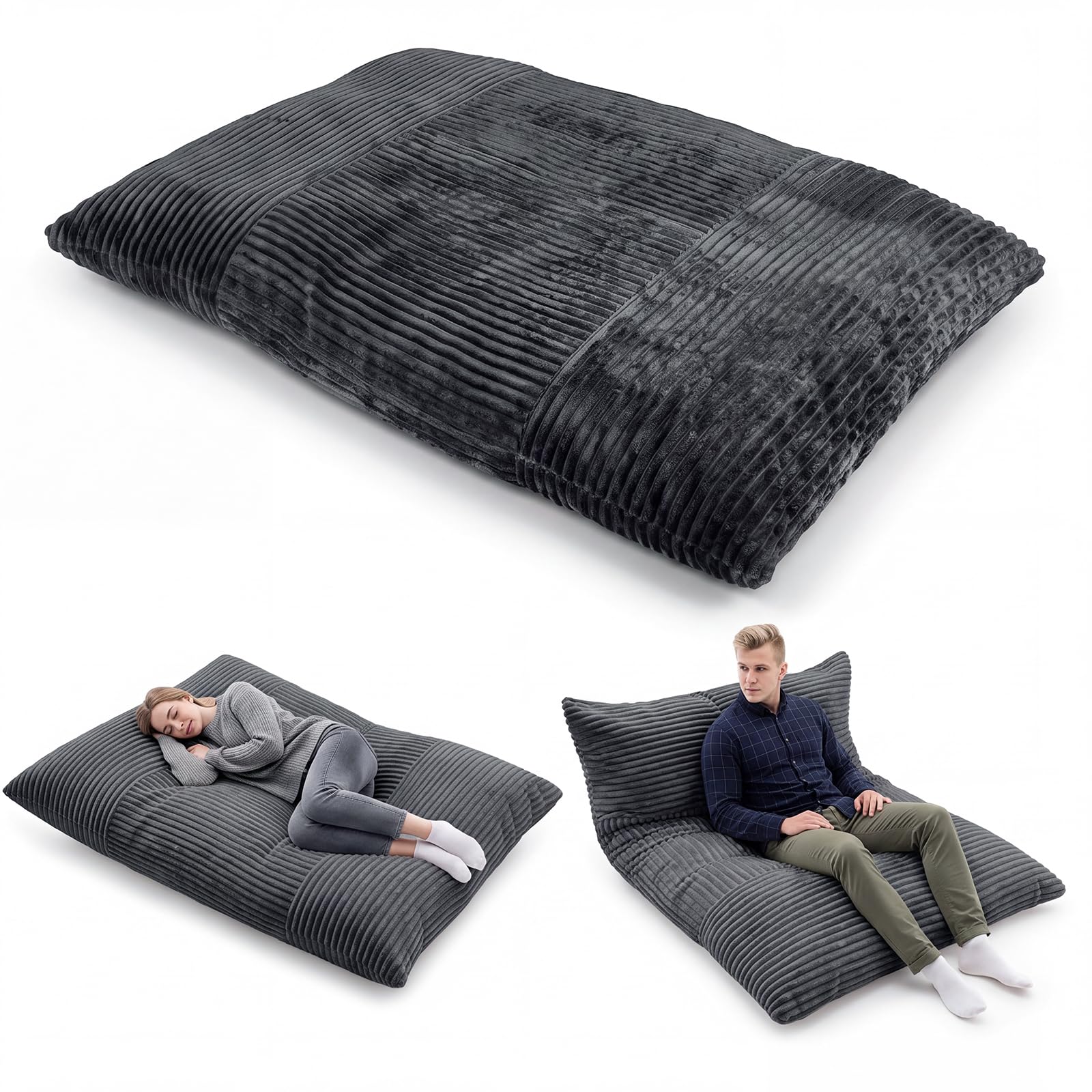 RELAX4LIFE Pouf Géant XXL, Canapé Lit au Sol Moelleux, 194X139 CM, Gris foncé
