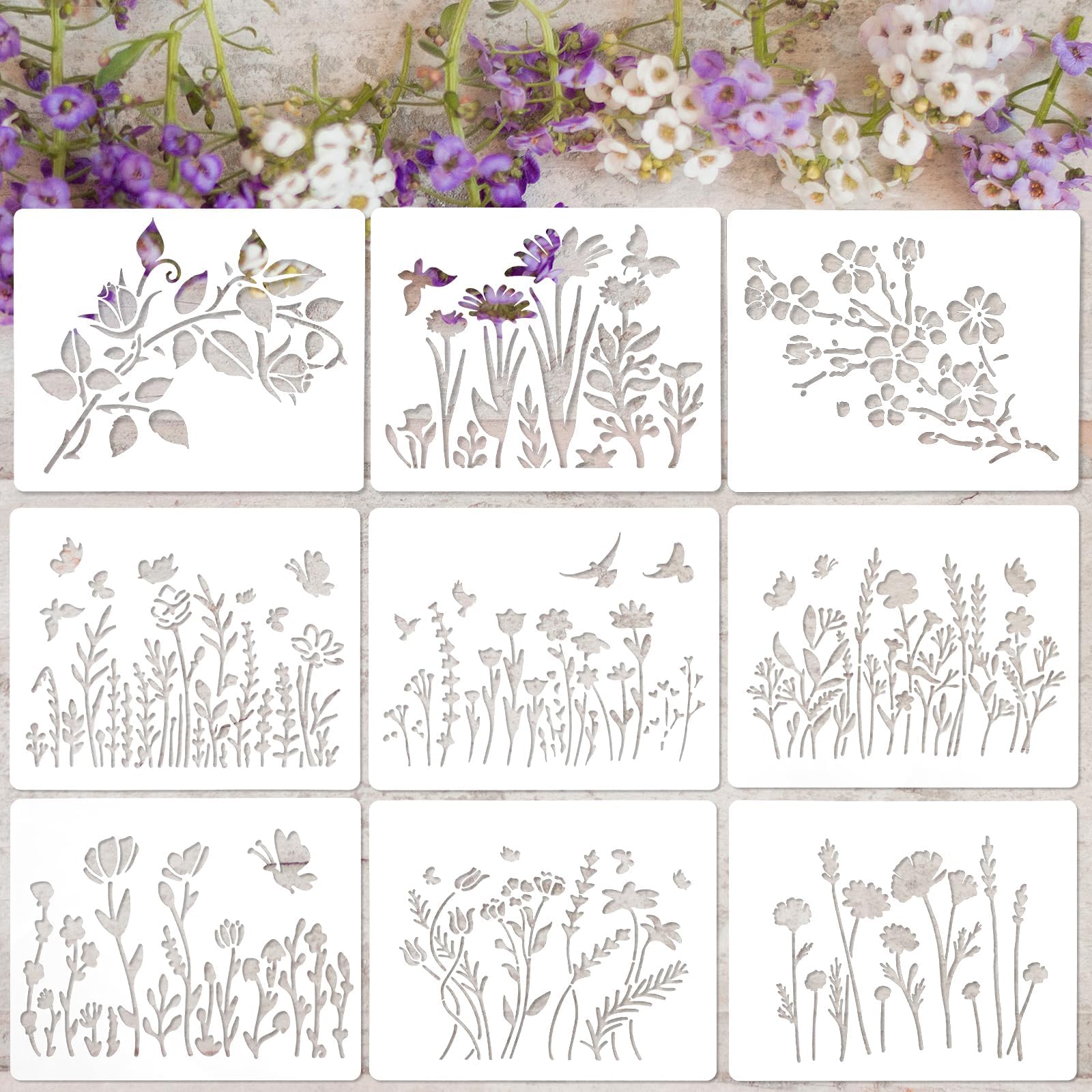 Amaxiu Flower Stencils for Painting, 9 PCS Reusable Floral Stencil Wildflower Stencils Spring Stencils Drawing Templates Stencils DIY Craft Template for Painting Furniture DIY Home Decor, 5 x 6Inch