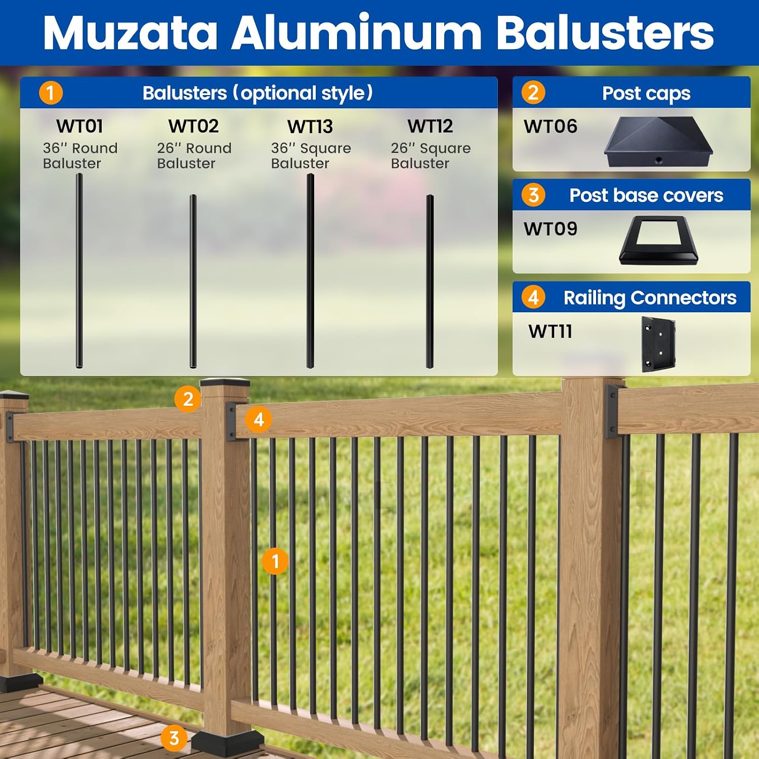 Muzata 2Pack 4x4 Post Caps Aluminum Pyramid (Actual 3.5"x3.5") Fence Post Caps Black Powder-Coated for Wood Fence Deck Railing WT06