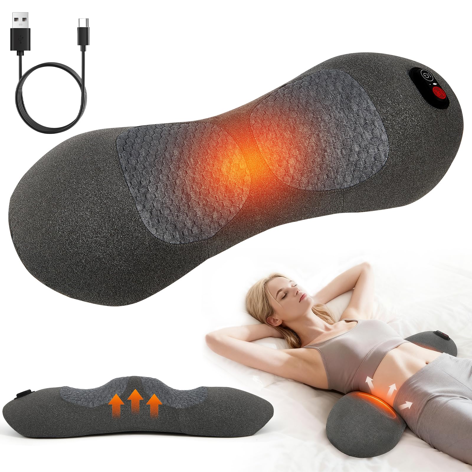 smooth spine triple fusion back massager with stretching, vibration & heat electric lumbar support pillow for lower back tension & pain relief, deep tissue relaxation massage device for home
