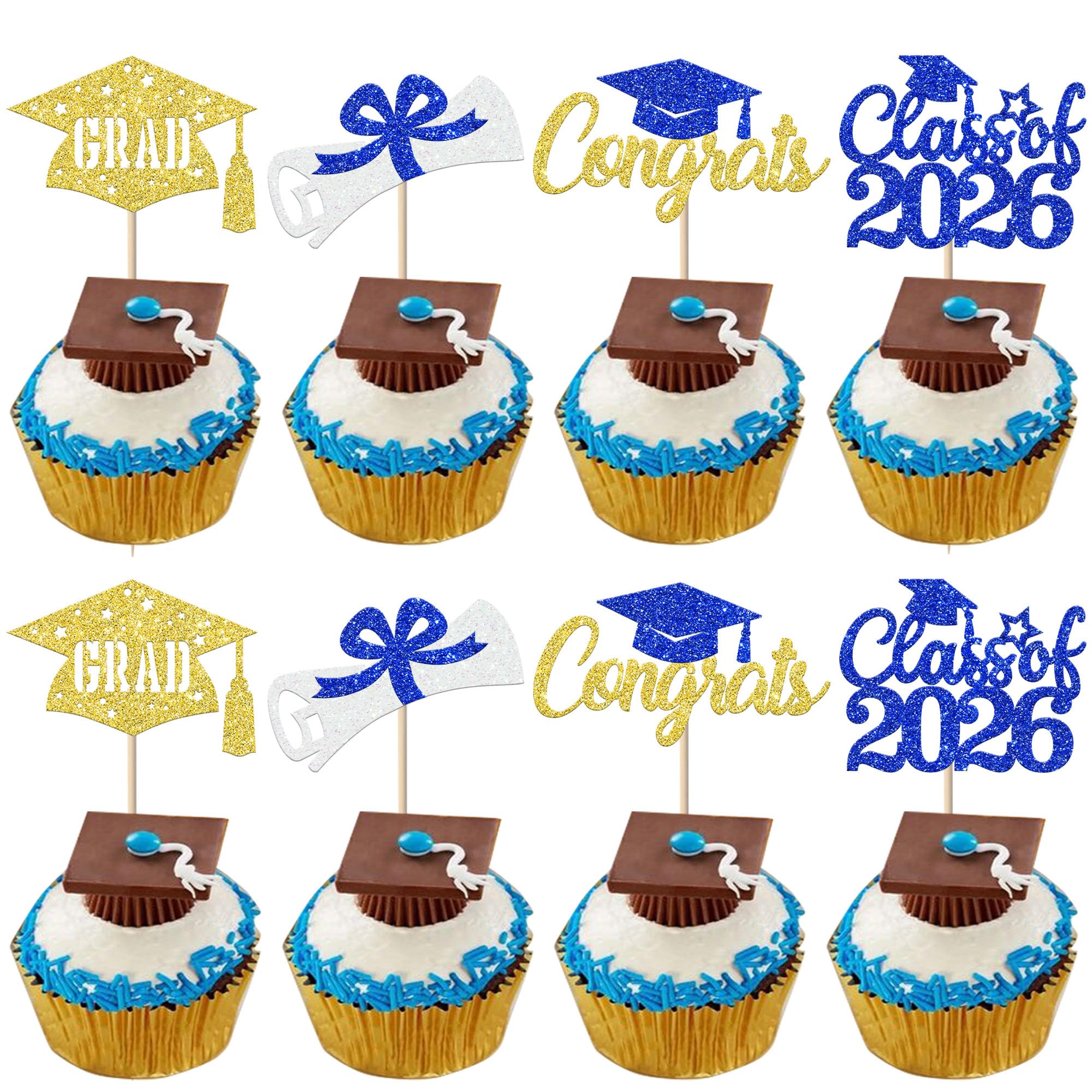 SYKYCTCY 24 Pack Class of 2026 Cupcake Toppers Glitter Diploma Congrats Grad Cap Done Cupcake Picks 2026 graduation Cake Decorations for 2026 Graduation Theme Party Supplies Blue Gold — image 1