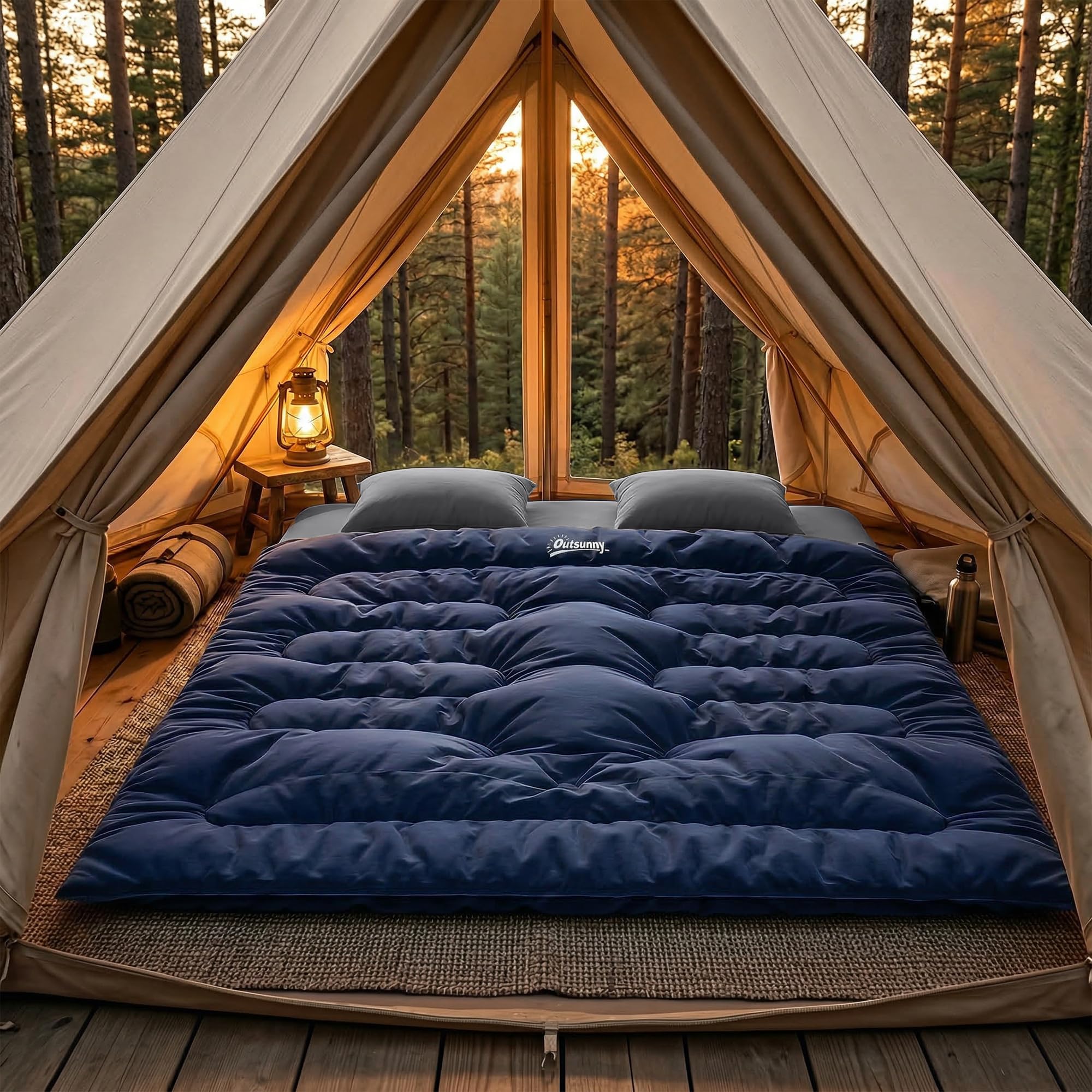Outsunny Saco de Dormir Doble Adulto, Ligero, Tamaño Queen para 2 Personas 3 Estaciones, Saco de Dormir Rectangular con 2 Almohadas y Bolsa Transporte, para Días Fríos, Acampar, Senderismo Azul Oscuro