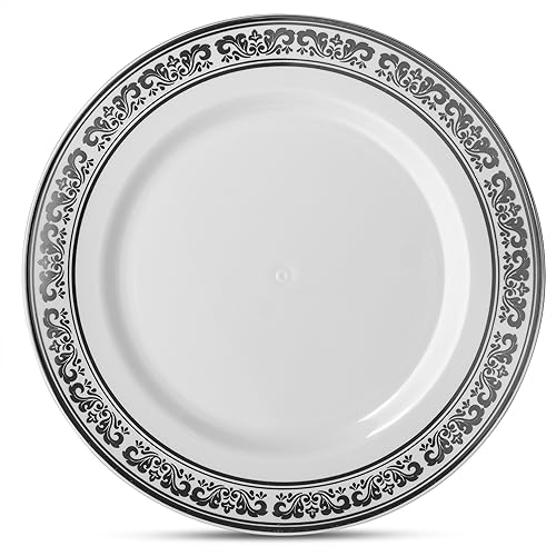 Miniatura 4 de Laura Stein - 20 platos de 10 pulgadas - Vajilla de diseñador de plástico pesado de alta calidad con borde plateado, plato de fiesta y boda, serie