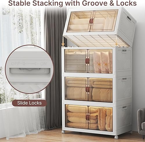 Miniatura 5 de Contenedores de almacenamiento apilables de 640 cuartos de galón con tapas, paquete de 4 contenedores grandes plegables con ruedas, armario de