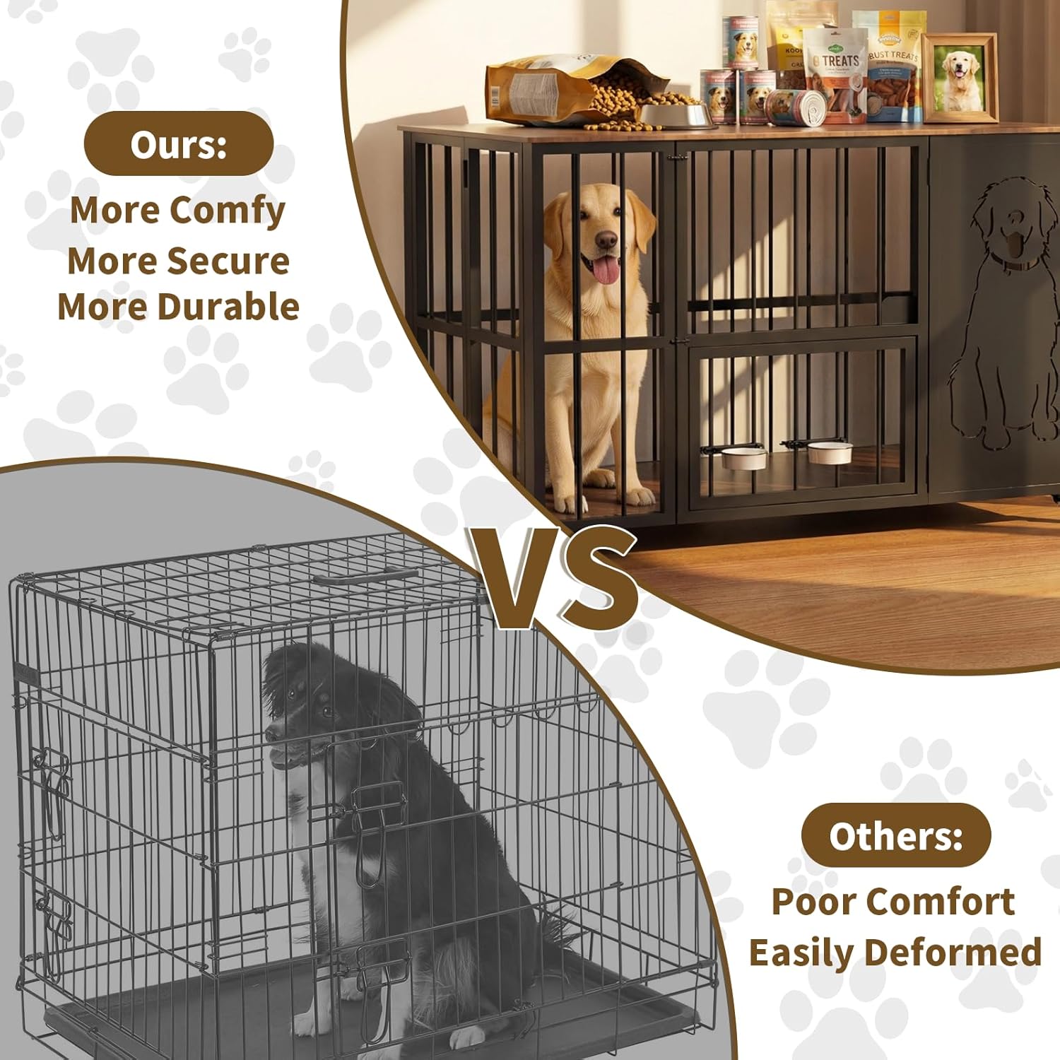 JUNEU 42'' Dog Crate Furniture, No Assembly Dog Kennel Indoor, Collapsible Heavy Duty Dog Crate for Medium/Large Dog(35-60 lb), Wooden Corner Dog Crate with Wheels & Adjustable Bowl Holders