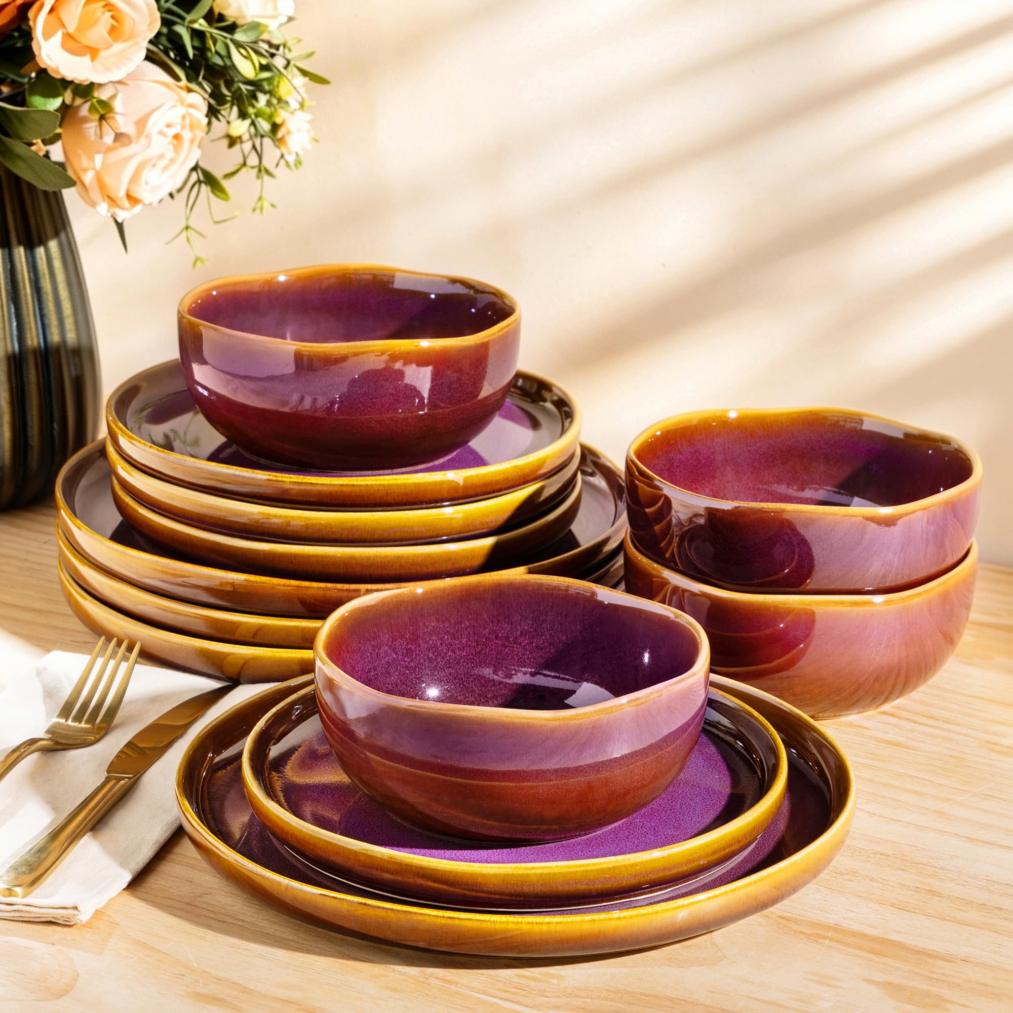 TheTerra Ceramic Dinnerware Set for 4, 12-Piece Plates and Bowls Set | Handmade Reactive Glaze Dish Set, Scratch Resistant, Oven &amp; Microwave &amp; Dishwasher Safe, Amber Amethyst