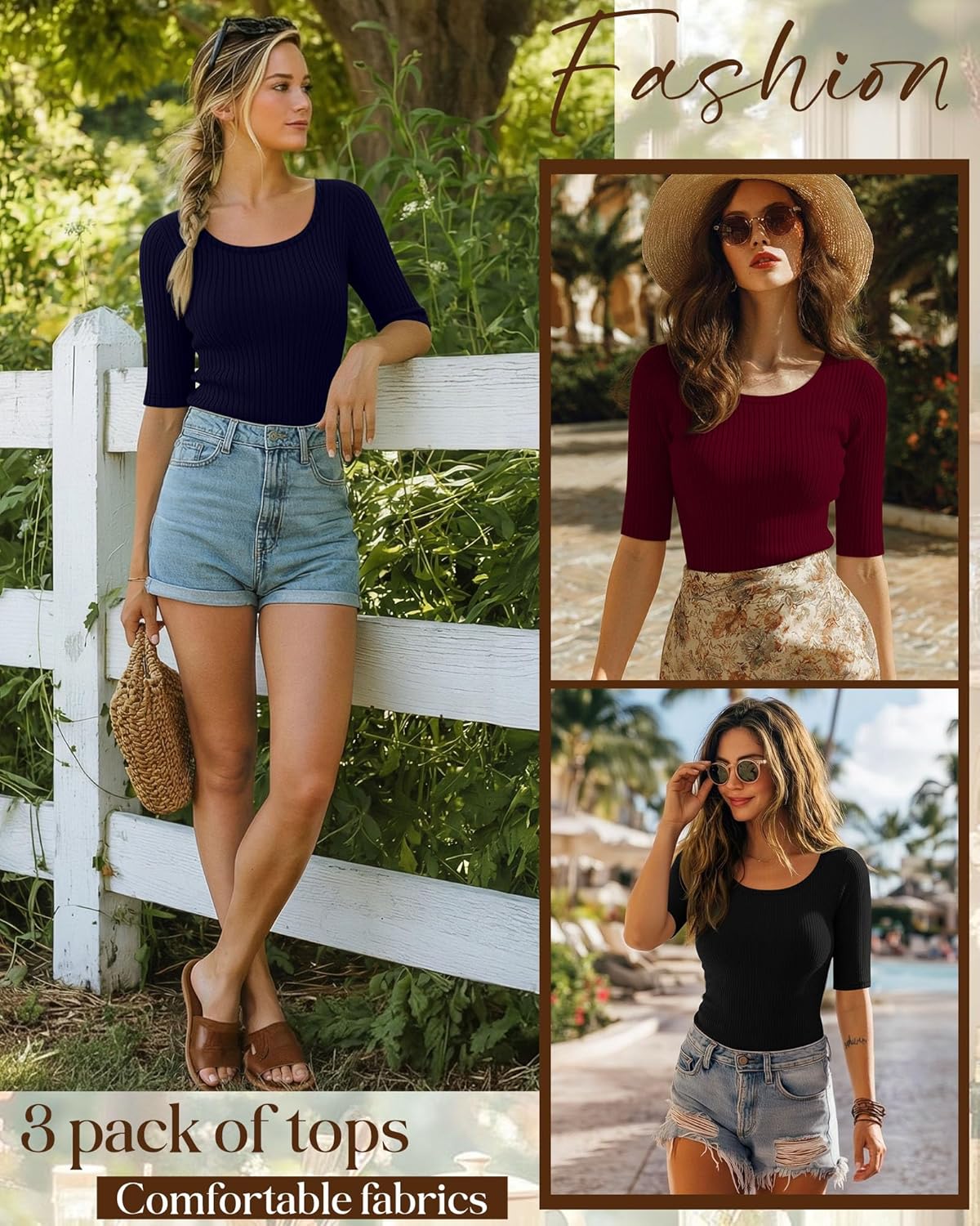 Ficerd 3 Pack Women's Half Sleeve Tops Ribbed Elbow Length Shirts Scoop Neck Slim Fit Summer Basic Tee Trendy Casual Blouses(Black, Navy, Burgundy,X-Large) - Image 4