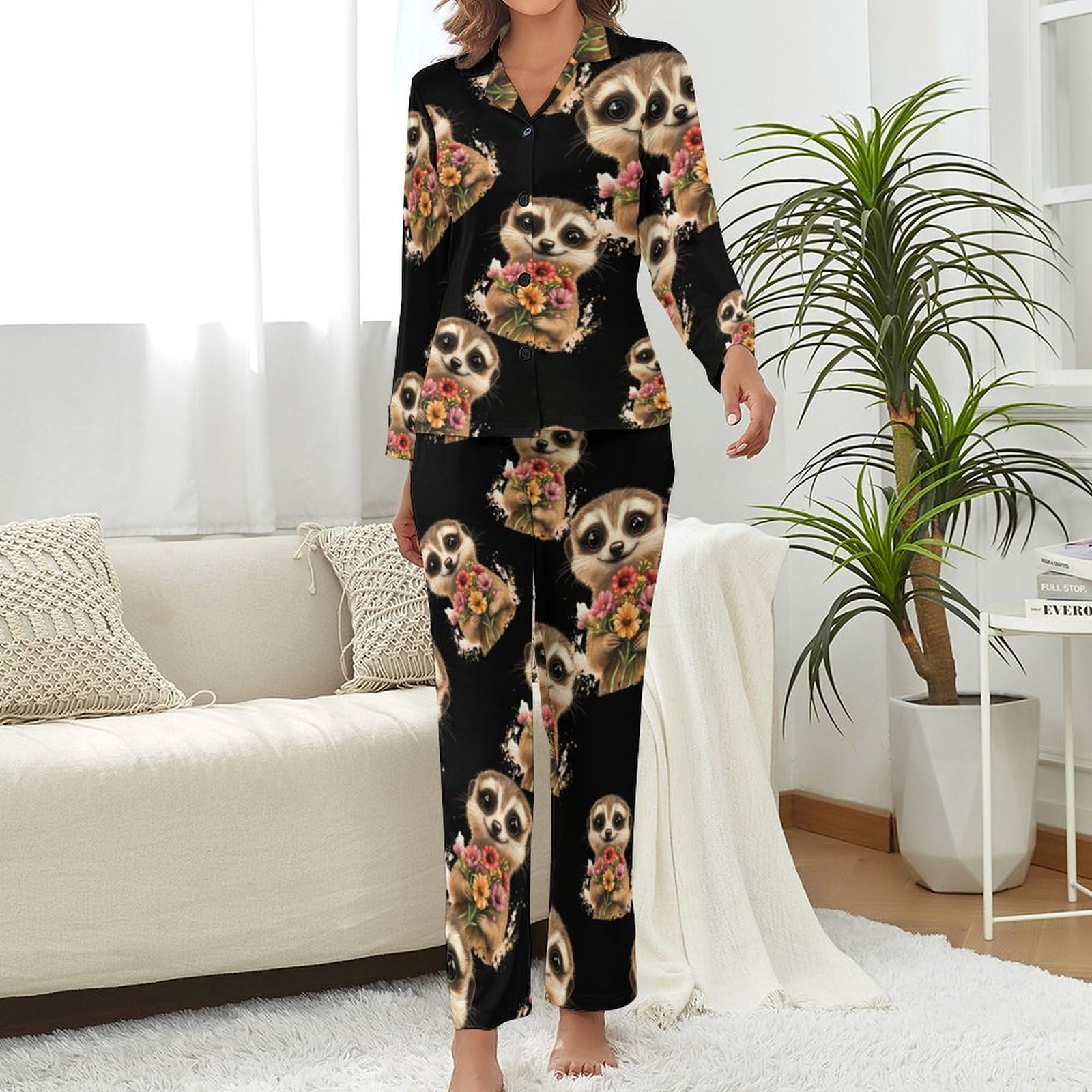 Conjunto de pijama para mujer con diseño de suricatas, cuello en V, manga larga y pantalones, ropa de dormir suave y cómoda
