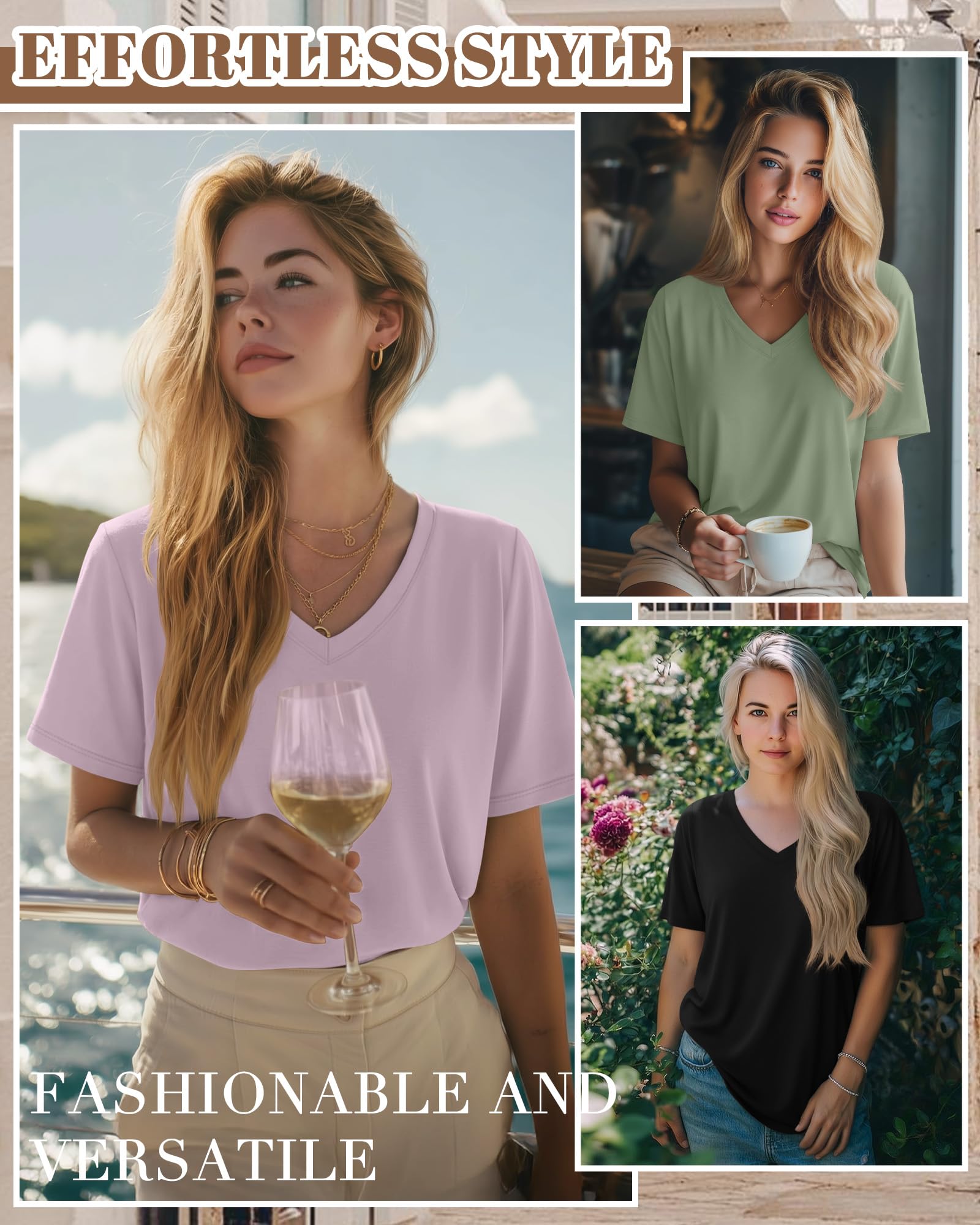 Geyoga Lot de 3 T-Shirts Oversize en Coton pour Femme Col V Coupe Ample Tops à Manches Courtes Doux pour Le Sport