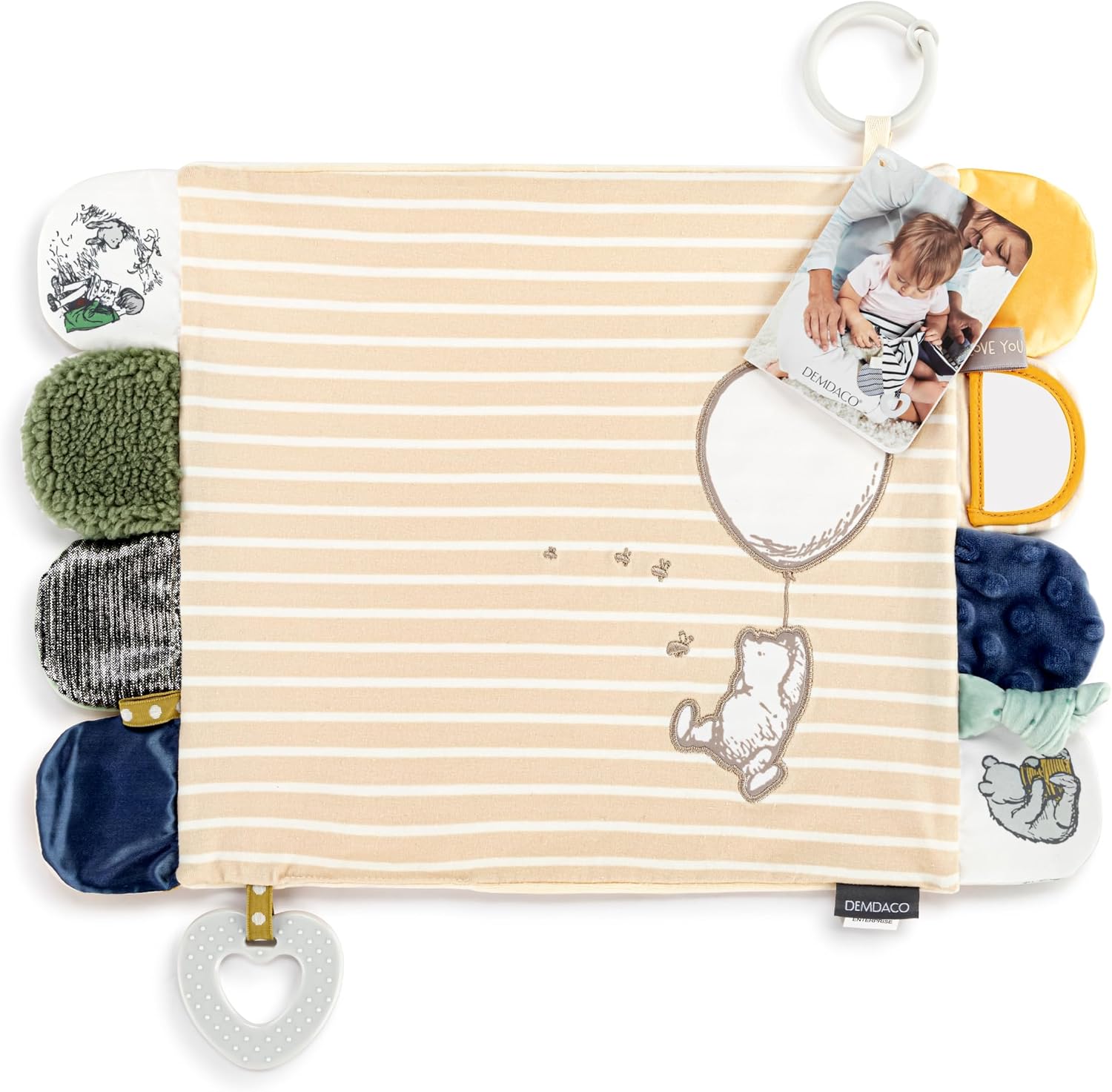 DEMDACO Mommy & Me Neutral Color, 17 x 11.5 Inch Textured Fabric, Teething Ring, Stroller Clip-on, Activity Blanket, Blankie, Tan and White, Pooh Classic Yellow Bear