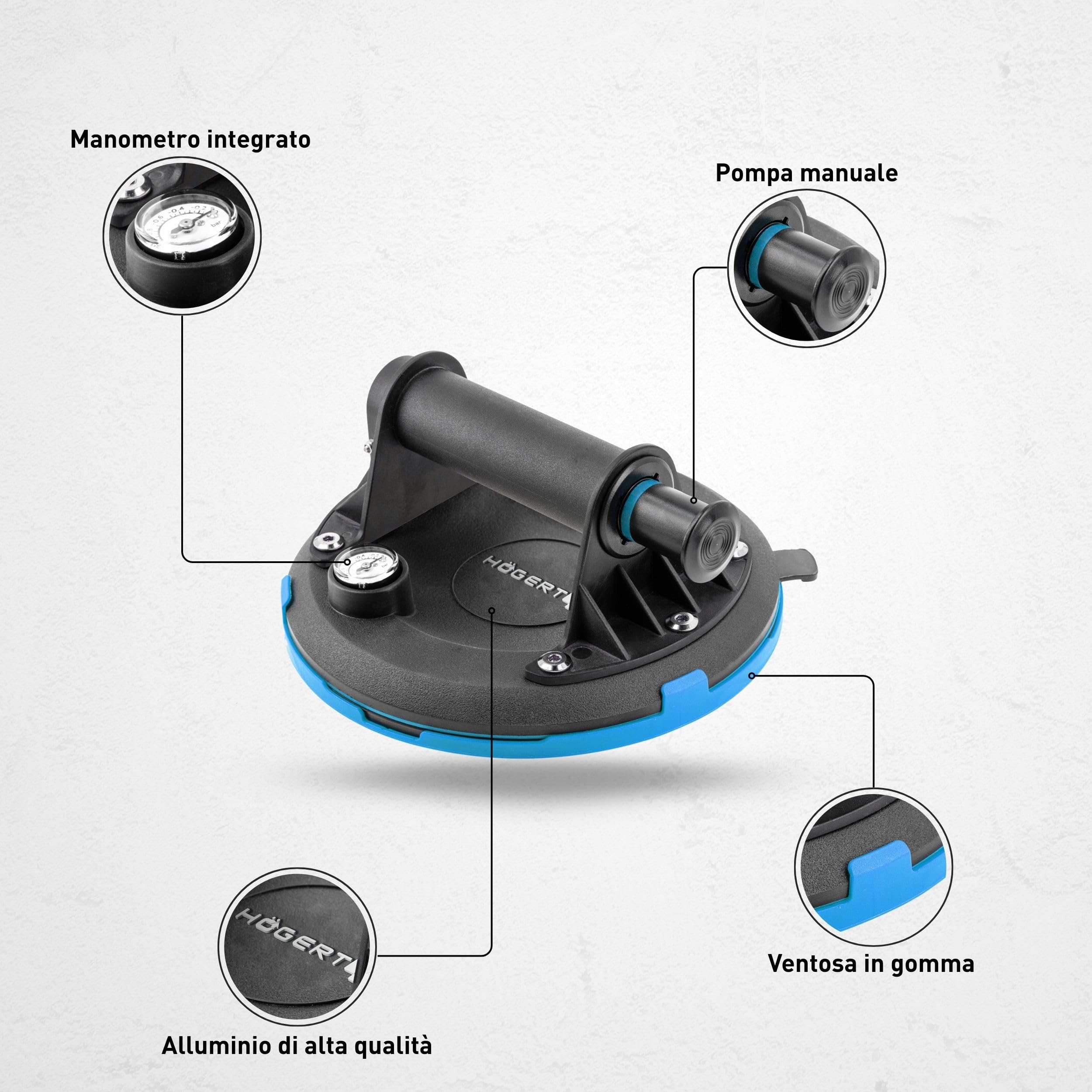Högert Technik - Tazza a mano da 200 mm con manometro | Carico massimo: 190 kg | Aspiratore manuale | Ventosa resistente | La ventosa viene utilizzata per il trasporto di vetri della finestra, oggetti