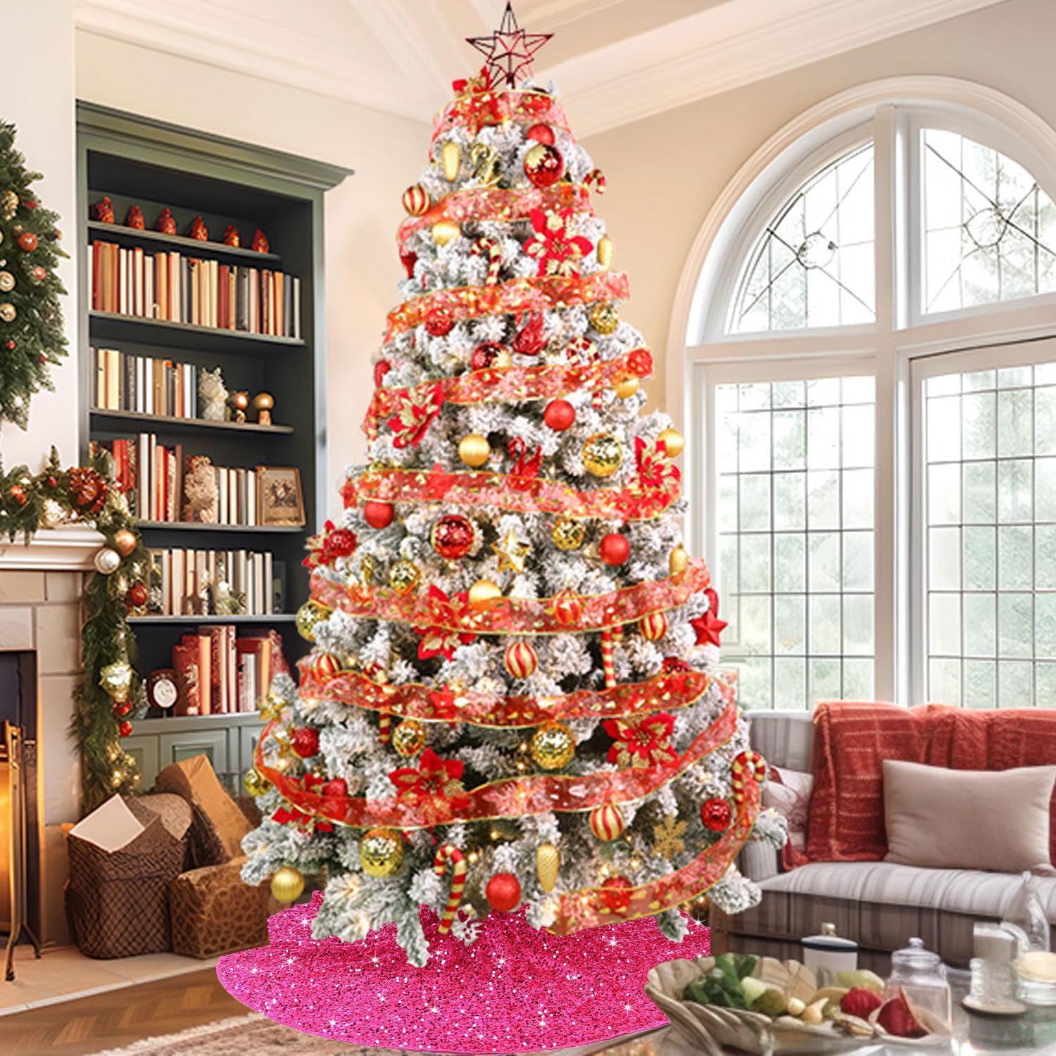 Pink Christmas Tree Skirt Large 60 Inch Sparkle Sequin Tree Skirt Glitter Tree Skirts Hot Pink Tree Skirt Velvet Xmas Tree Mat for New Year Party Home Deocration