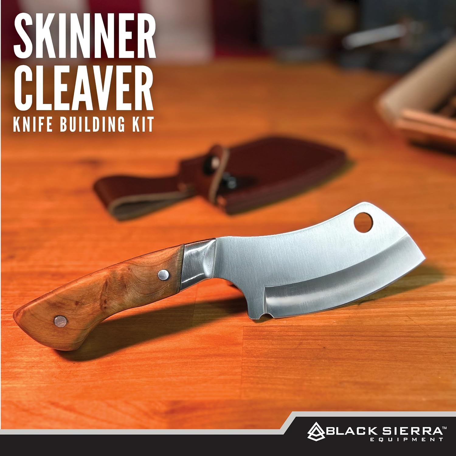Black Sierra Skinner Cleaver Knife-Building-Kit, Fixed Stainless Steel Blade with Leather Sheath, Hobbyist Chef cutlery, Carbon Steel Cutlery Meat Cutting Blade, DIY Knife Making Supplies