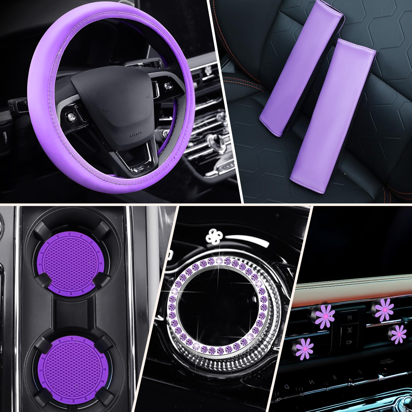 Kit 10 Accessoires Voiture Violet - Housse Volant, Coussins Ceinture, Supports, Strass - Personnalisation Intérieur