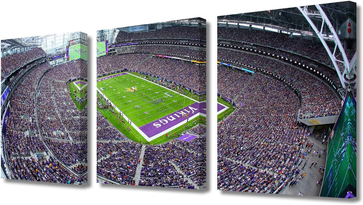 American Minnesota Football Sports Stadium Pictures Vikings Paintings 3 Panel Canvas Wall Art U.S. Bank Stadium Artwok Home Decor for Living Room Bedroom Office Giclee Framed Ready to Hang (42"Wx20"H)