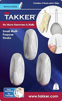 Takker - 3 x Small Hooks with 6 x Sticky Strips | Multi-Purpose Hooks, Strong Adhesive, Easy Application, Damage-Free Removal, Re-Useable, No Sticky Residue, for Home, Bathroom, Kitchen, Walls
