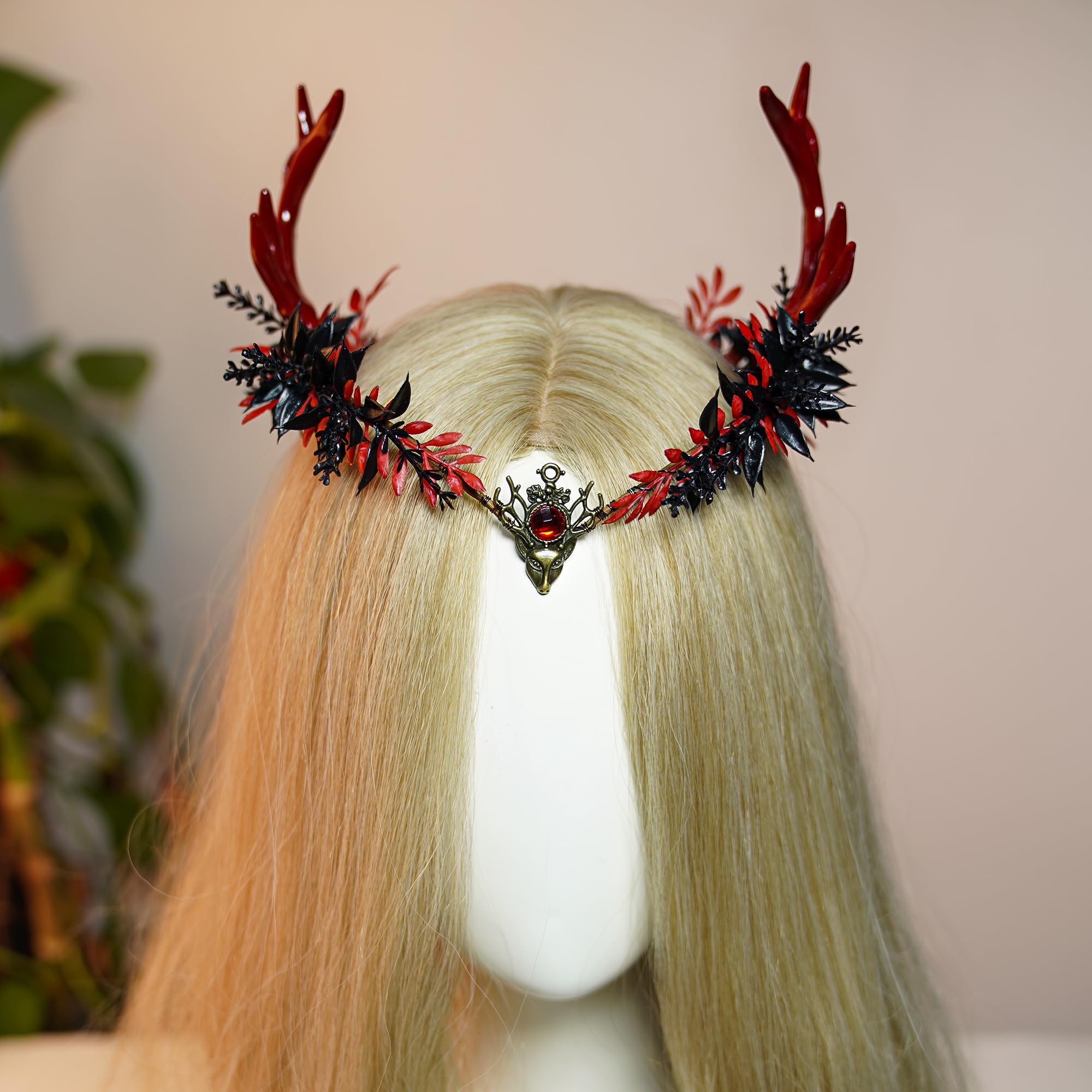 MOSTORY  Flower Antler Crown - Dark Reindeer Headpiece Gothic Elf Circlet Deer Horns Headband for Women Cosplay Renaissance Goth Wedding Renfaire Accessory: Red-black