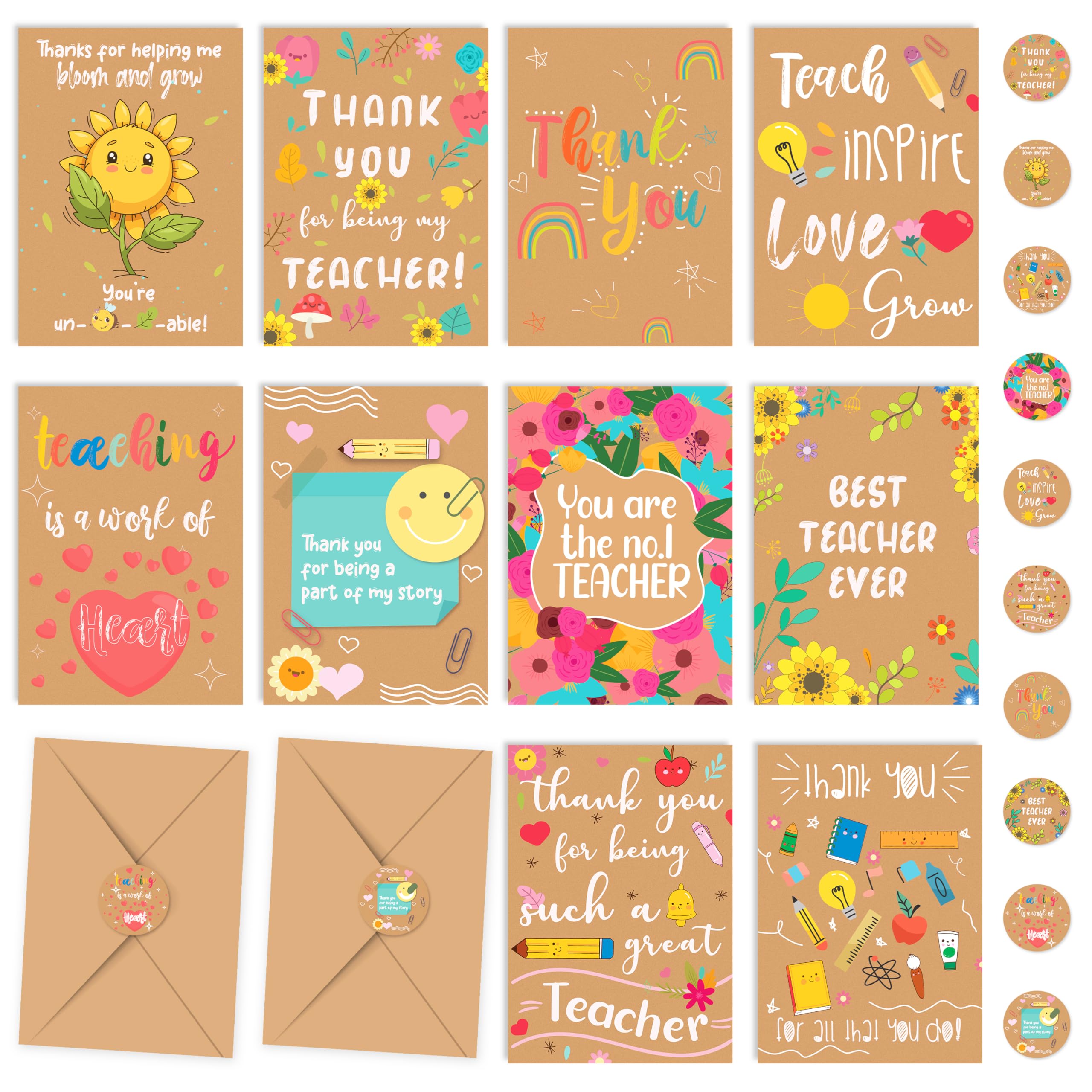 Giftinghouse 10 Thank You Teacher Cards Multipack with Envelopes and Stickers - 10 Unique Designs for Men and Women – Blank Inside - Teachers Christmas Cards — image 1