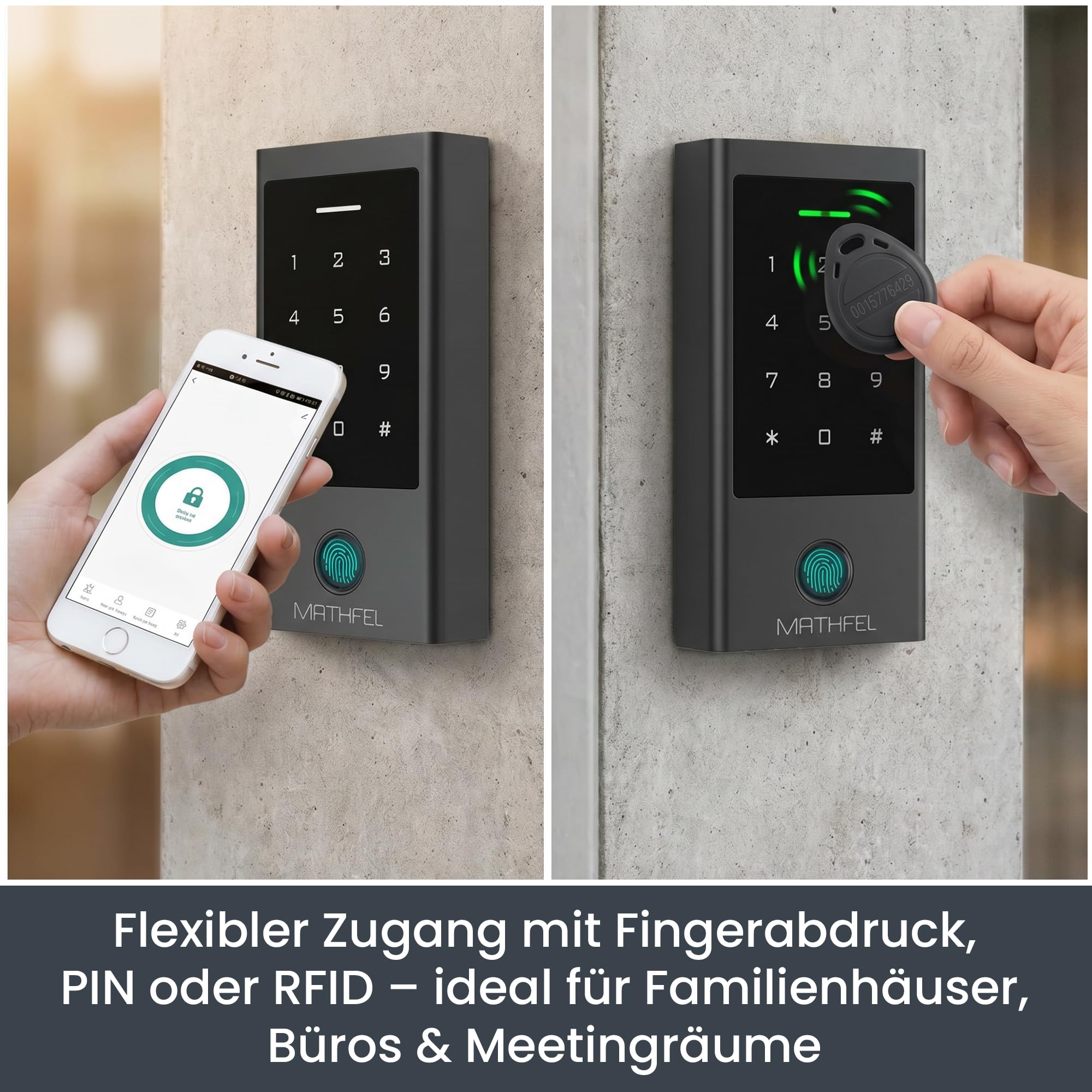 MATHFEL Smart Lock Zugangssystem mit Fingerabdruck & RFID – Elektronisches Türschloss für Haustür, IP66, Code & Transponder, Elektrisches Türschloss Außen, Automatisches Smartes Türschloss
