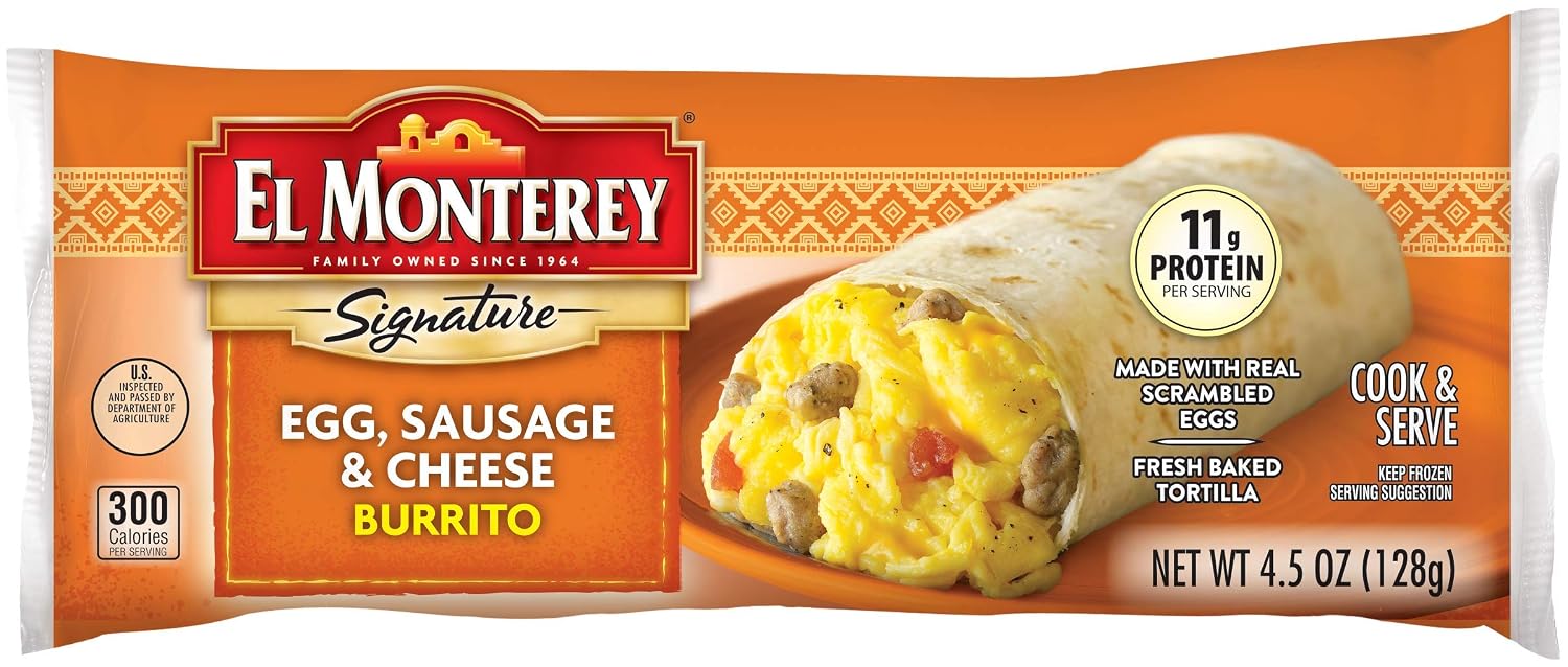 El Monterey Signature Breakfast Burrito – Frozen Egg, Sausage and Cheese Breakfast Burrito, Made with Scrambled Eggs and Fresh Baked Tortillas, Perfect for a Quick Breakfast On-the-Go
