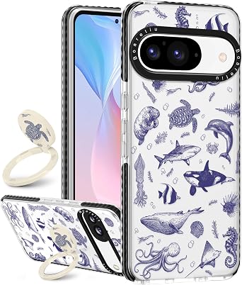 Boaretiu Cute Kawaii Case for Google Pixel 9/9Pro Phone Case with Kickstand - Fashion 360 Sticky Rotate Ring Holder Design for Women Girls Girly for Google Pixel 9/9Pro Case, Sea Fish
