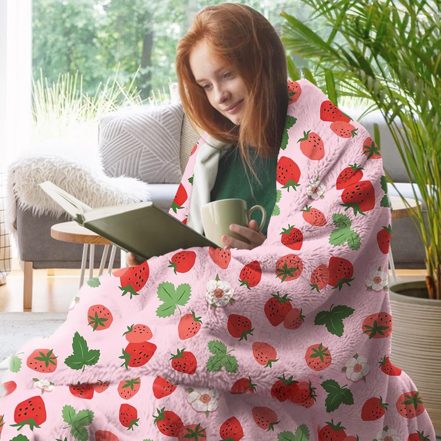 Pink Strawberry Flannel Throw Blanket, Red Pink Fruit Floral Birthday Gifts for Kids Girls Women Adults Teen, Spring Summer Flowers Soft Blankets for Bedding Sofa 50" x 60" - Image 6