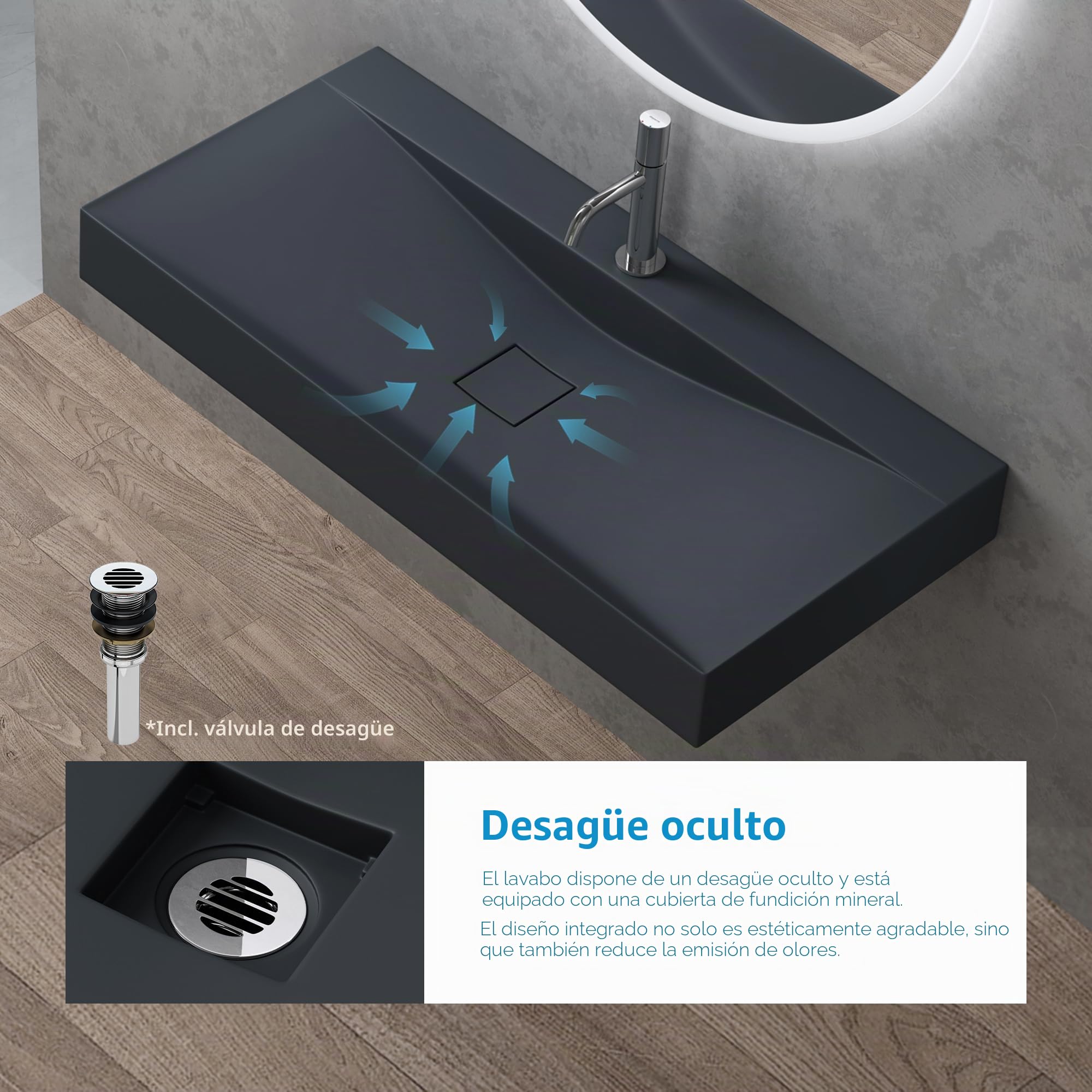 doporro 100x48x10cm Lavabo sobre encimera antracita mate Colossum810-1000 de fundición mineral lavabo suspendido de mármol