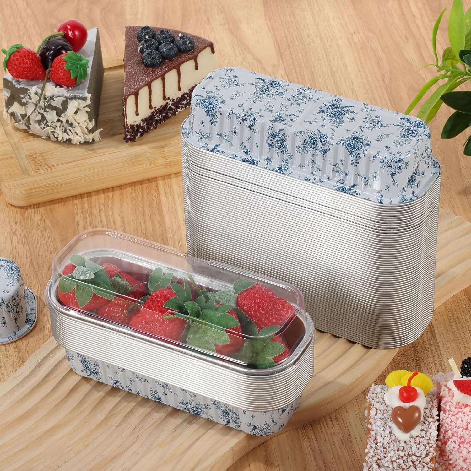 100Pcs Mini Loaf Pans with Lids,6.8oz Rectangular Aluminum Foil Baking Pans Disposable Mini Cake Pans,Chinoiserie