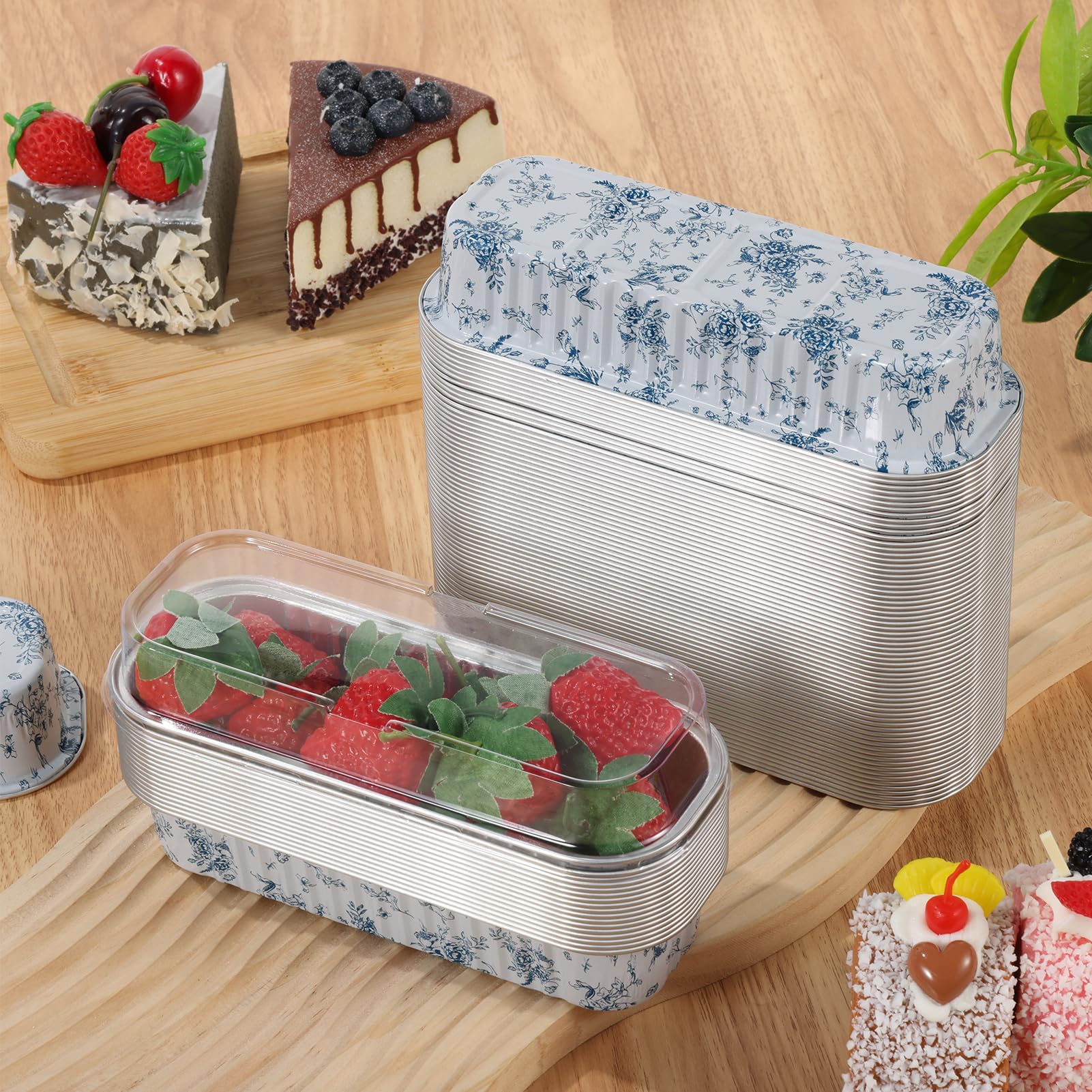 100 szt. mini foremek do pieczenia z pokrywkami, 200 ml prostokątne formy do pieczenia z folii aluminiowej jednorazowe mini foremki do ciasta, Chinoiserie
