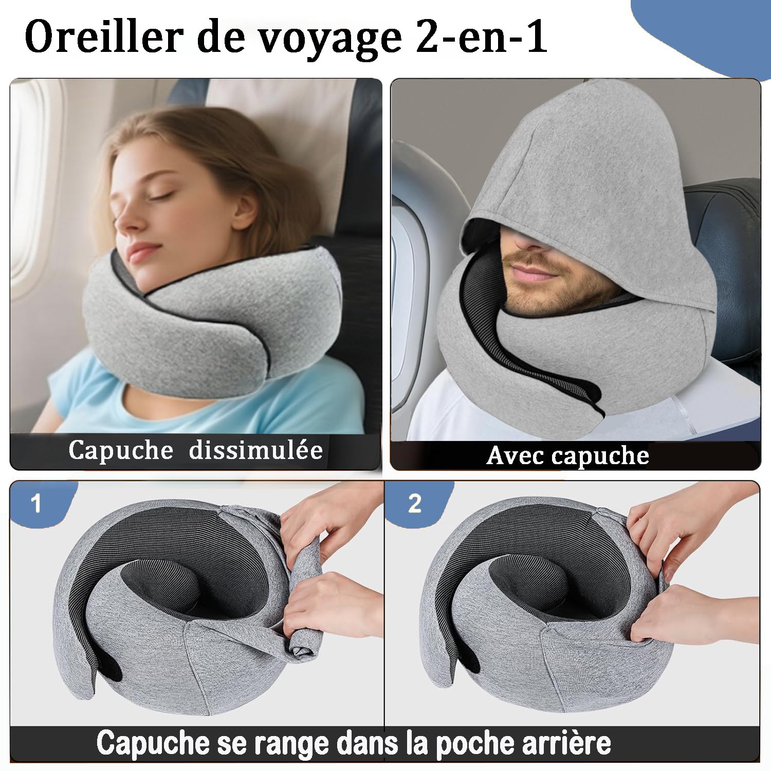 Oreiller de Voyage, Coussin de Nuque pour Avion avec Capuche, Support en Mousse à mémoire de Forme à 360 °, Housse Lavable pour Voiture, Train et Bureau (Gris)