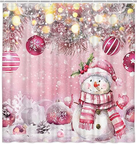Miniatura 3 de Cortina de ducha de Navidad de invierno, muñeco de nieve, bola rosa, copo de nieve, árbol de pino, cortina de baño para decoración de vacaciones,