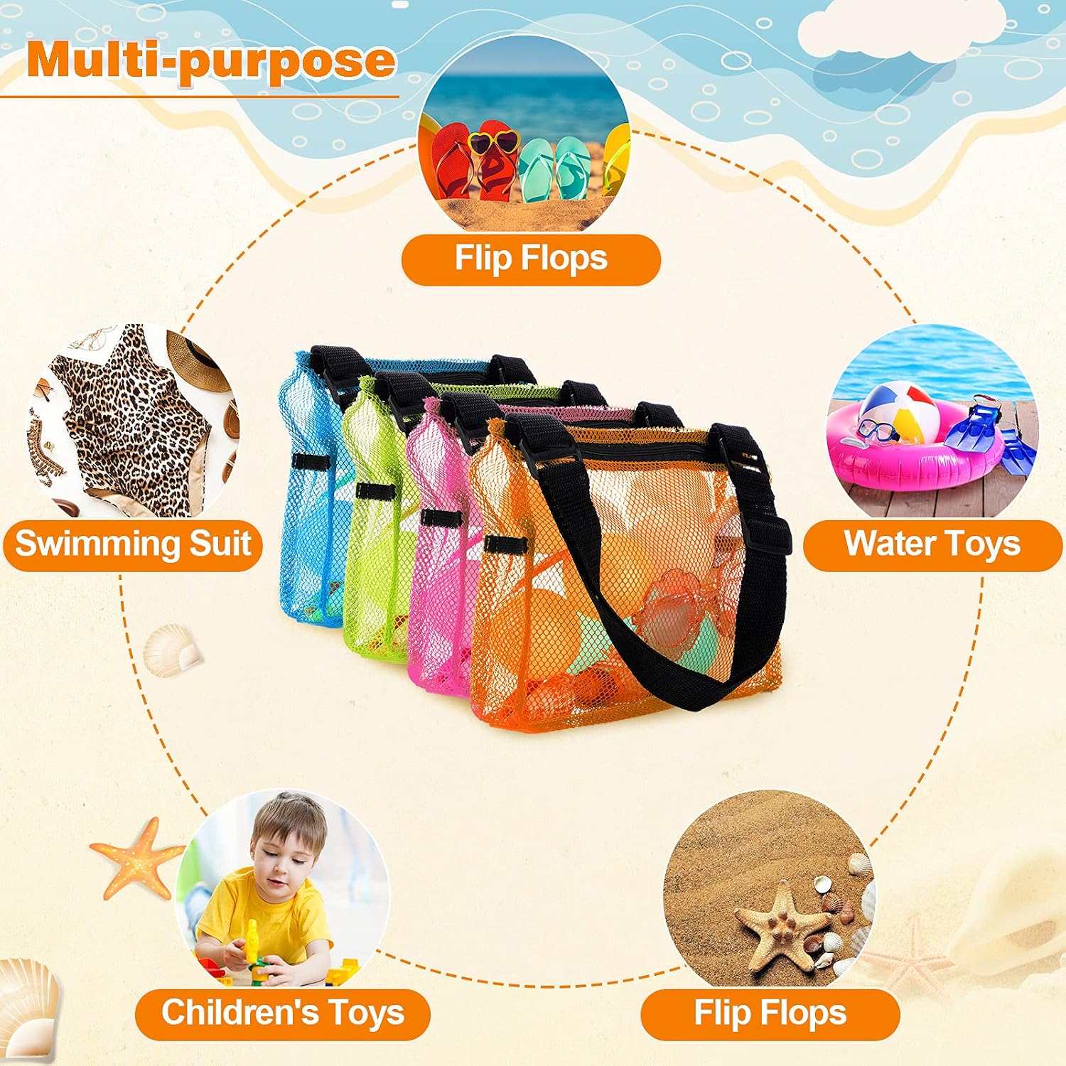 4 Pieces Mesh Beach Bag Colorful Sand Toy Seashell Collecting Bag Adjustable Kids Quick Dry Net Tote for Seashell Collecting Sand Toy Swimming Accessories Gift for Boys and Girls