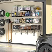 Vista 5 de Garage Shelf Wall Mounted with Wire baskets, Heavy Duty Garage Wall Shelving with Garden Tool Rack and Hooks, Wire Shelf Baskets Tool Organizer for